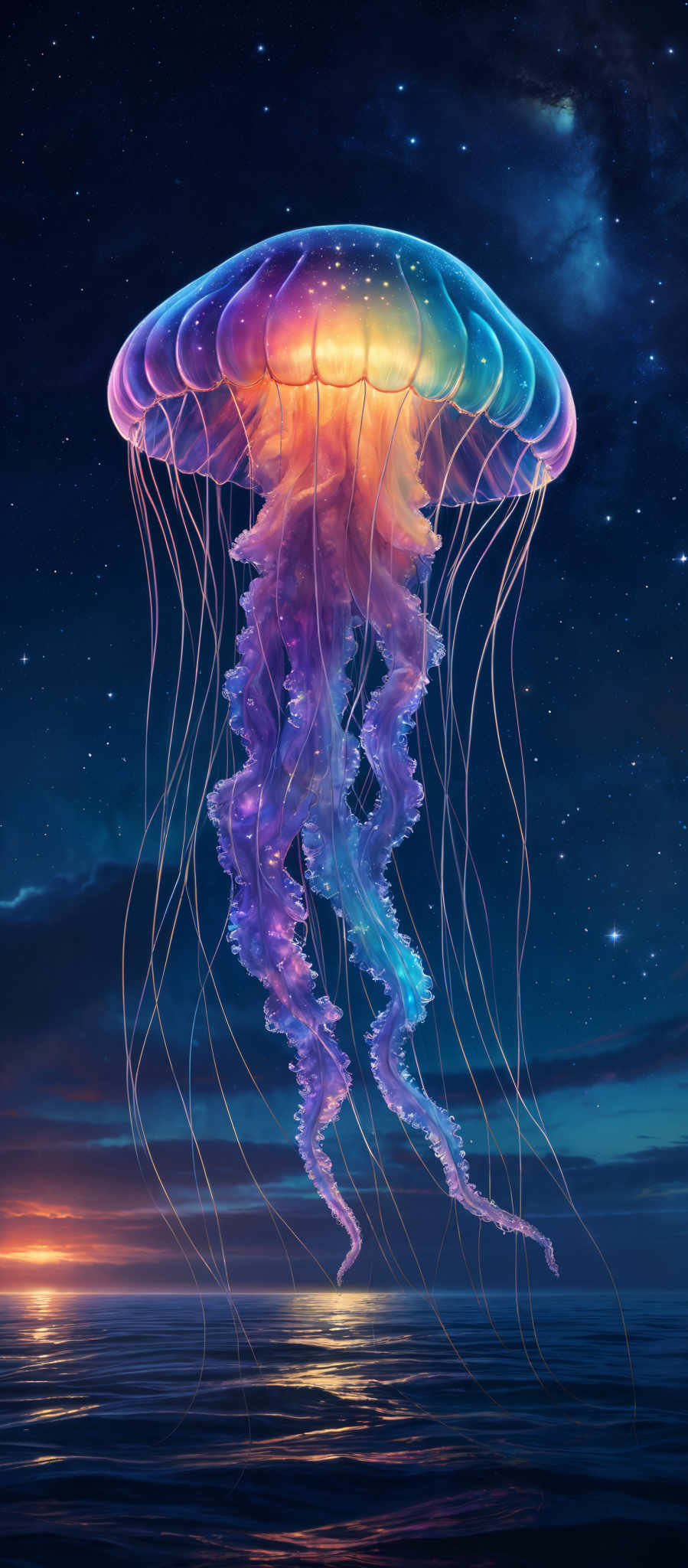 The image showcases a vibrant and luminescent jellyfish floating above a serene ocean. The jelly fish has an umbrella-shaped canopy with hues of blue, purple, and pink, transitioning to a fiery orange and yellow at its center. Its tentacles are long and delicate, trailing downwards with an ethereal glow. The ocean below reflects the colors of the sky, with gentle waves lapping at the shore. The backdrop is a mesmerizing night sky filled with stars, and a hint of a sunset or sunrise on the horizon.