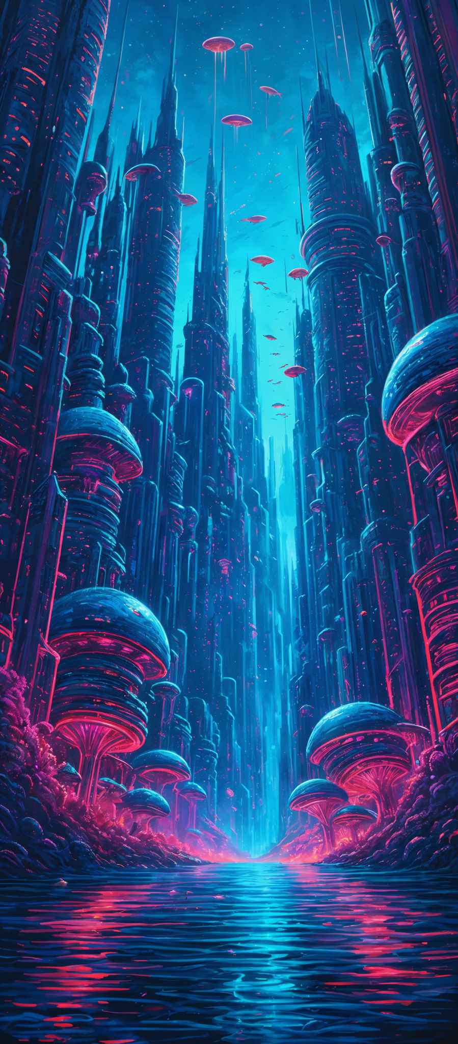 The image showcases a futuristic cityscape with towering skyscrapers that reach into the sky. The buildings are adorned with neon lights in various hues, predominantly blue and pink. The sky is a deep shade of blue, dotted with flying saucer-like objects. The city is reflected in a serene body of water below, which is illuminated with the same neon glow. The overall ambiance is one of a bustling, technologically advanced metropolis, possibly set in a science fiction universe.