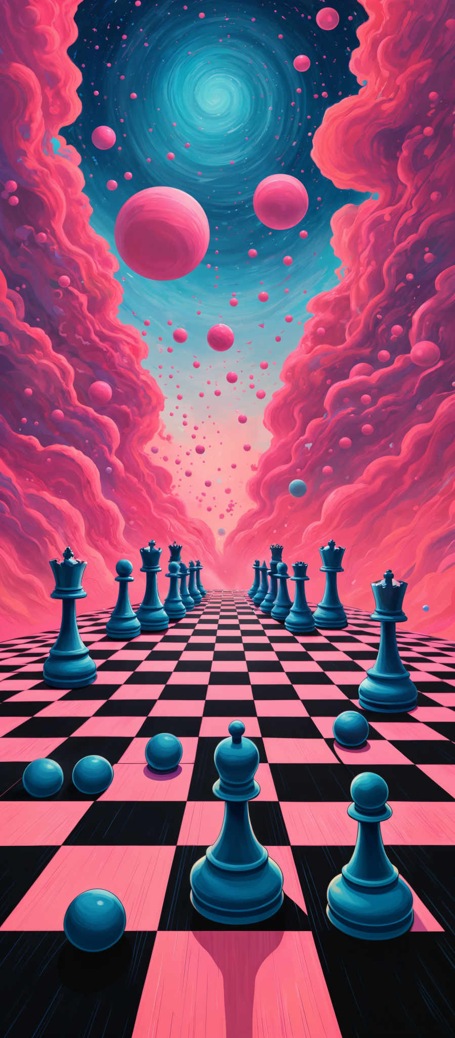 The image showcases a vibrant and surreal scene. The dominant colors are shades of pink, blue, and black. The sky is filled with swirling pink clouds that seem to merge with a deep blue space filled with floating pink orbs. These orbs are of varying sizes and are scattered throughout the sky. Below the clouds, there's a chessboard with a checkered pattern. The chess pieces, including kings, queens, rooks, and pawns, are prominently displayed on the board. The perspective of the image gives the impression that the viewer is looking down a long, winding pathway that leads towards the horizon.