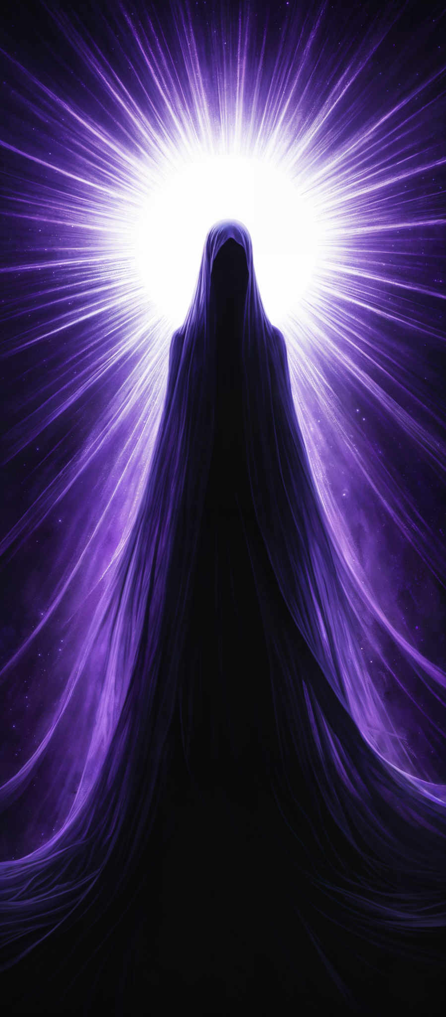 The image predominantly features shades of purple and blue. The central figure appears to be a silhouette of a cloaked or robed figure standing in front of a radiant light source. The light emanates from behind the figure, creating an aura of luminosity that radiates outwards in a starburst pattern. The figure itself is draped in flowing fabric, giving it a ethereal and mysterious appearance. The background is filled with a deep purple hue, punctuated by specks of white, possibly representing stars or distant galaxies.