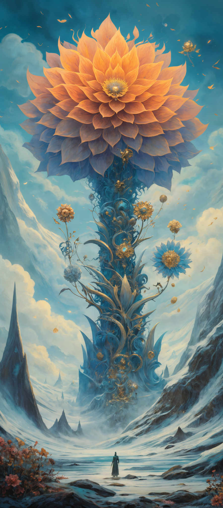 The image showcases a surreal landscape with a dominant, large, orange flower at the center. This flower is intricately detailed with multiple layers and petals. Below the flower, there's a blue, surreal tree with golden ornaments and smaller flowers attached to its branches. The background features a vast, snowy mountain range with a serene blue sky. In the foreground, there is a lone figure standing on a rocky terrain, gazing up at the magnificent flower. The entire scene is bathed in a soft, ethereal light, creating a dreamlike atmosphere.