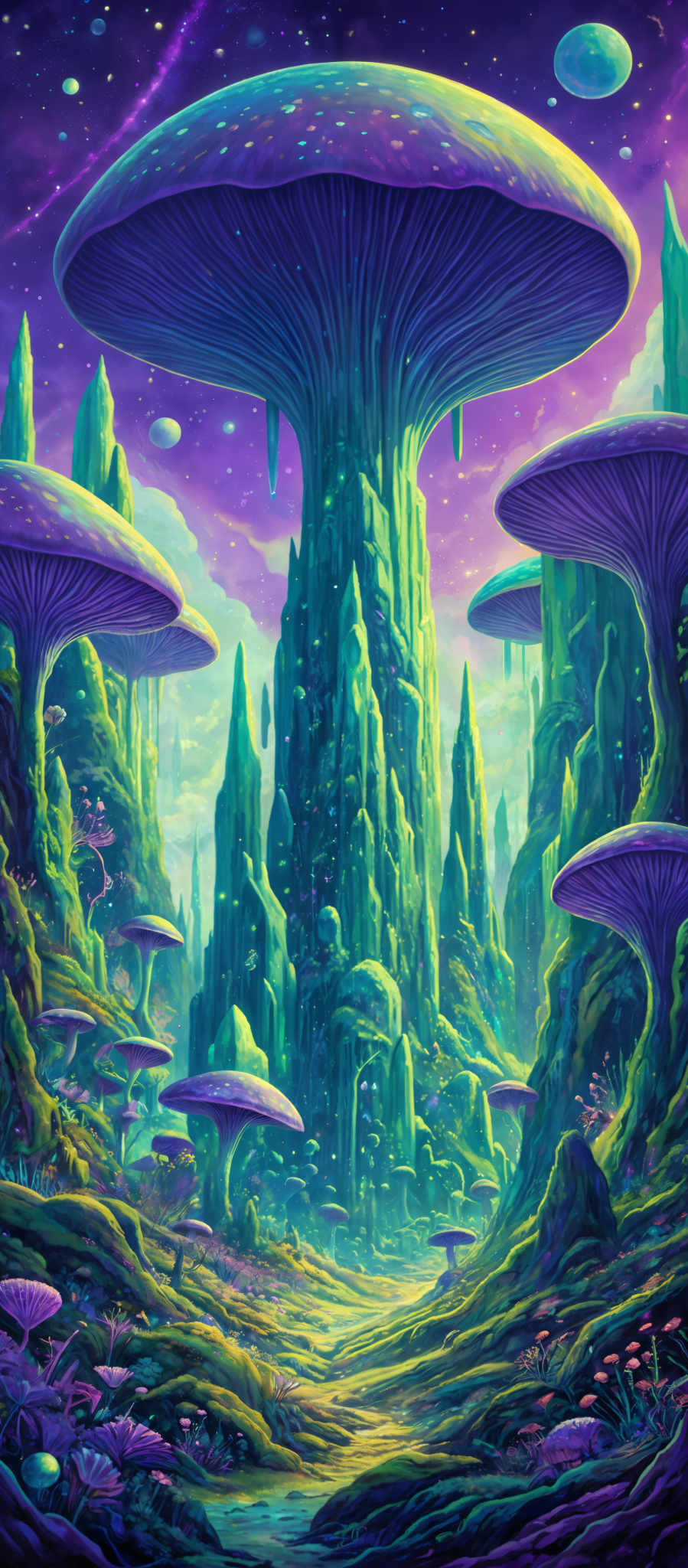 The image showcases a vibrant and fantastical landscape dominated by large, mushroom-like structures. These mushrooms have a capsule shape with a wide, flat top and a slender stem. The capsules are predominantly purple with a shimmering, almost iridescent quality. The stems are green and appear to be made of a crystalline or rocky material. The landscape is filled with smaller mushrooms and plants, all rendered in rich, vivid colors. The background is a mesmerizing blend of purples, blues, and greens, suggesting a night sky or an otherworldly environment. There are also floating islands or celestial bodies in the distance, adding to the surreal nature of the scene.