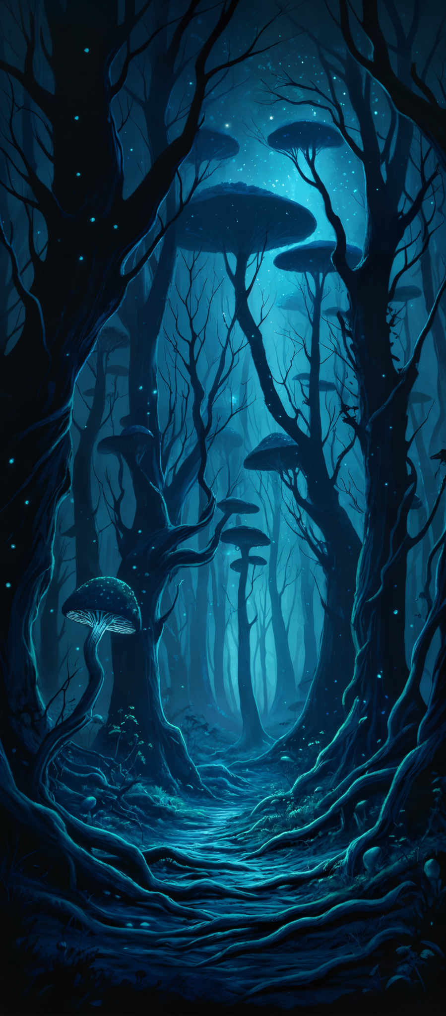 The image showcases a mystical and enchanting forest scene. The dominant colors are various shades of blue, ranging from deep navy to lighter hues, creating a serene and ethereal atmosphere. The trees in the image are tall and twisted, with their branches reaching out in various directions. They have a gnarled and ancient appearance. The ground is covered with a thick layer of moss and small plants, and there are large, flat mushrooms scattered throughout. The mushroom caps are large and round, with some having a slightly slanted top. The scene is illuminated by a soft, blue light that filters through the trees, casting a gentle glow on the forest floor.