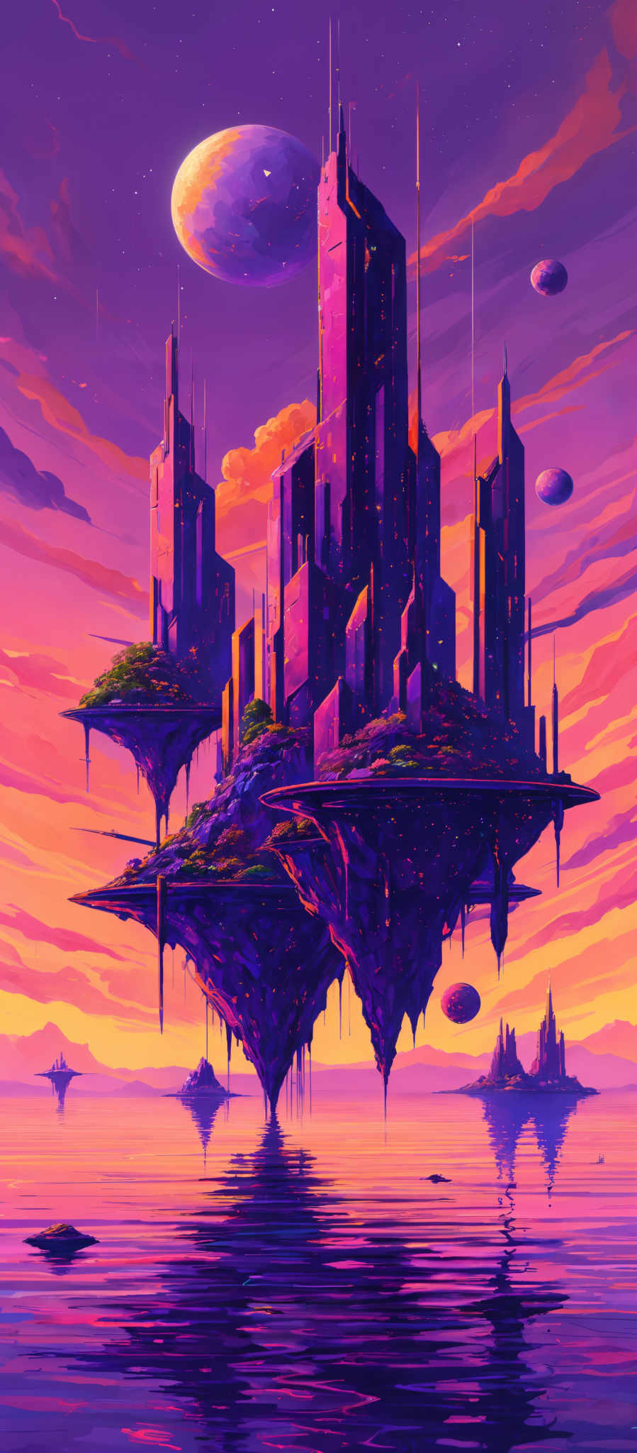 The image showcases a vibrant and futuristic cityscape set against a backdrop of a mesmerizing sunset. The sky is painted in hues of purple, pink, and orange, with a large, round planet visible in the distance. The city itself is a collection of tall, sleek skyscrapers, some of which are connected by bridges. These structures are illuminated with a warm, golden light, contrasting with the cooler tones of the sky. Below the city, there's a serene body of water reflecting the city's silhouette and the colors of the sunset, with smaller islands or landforms scattered around.