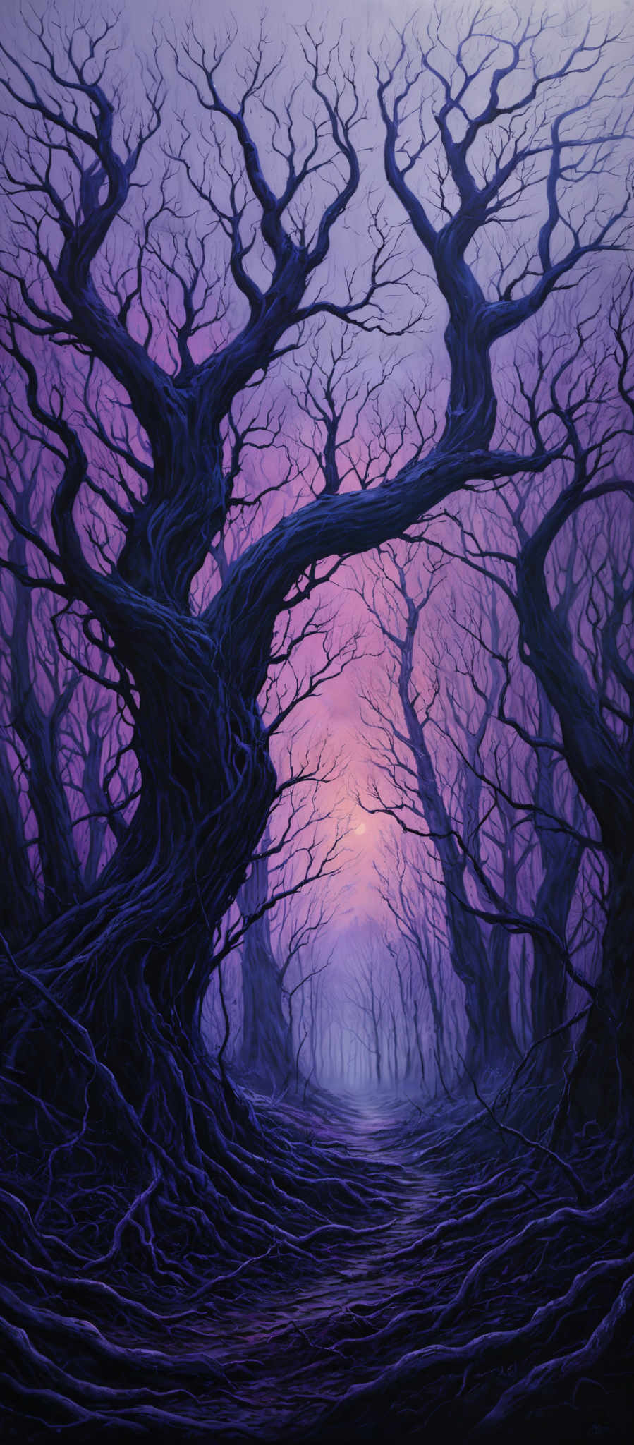 The image showcases a dark, twisted tree with sprawling branches. The tree's roots are intricately detailed, extending outwards in a maze-like pattern. The background is filled with a gradient of purple and pink hues, creating a mystical and ethereal atmosphere. The entire scene is bathed in a soft, diffused light, giving it a dreamy quality.