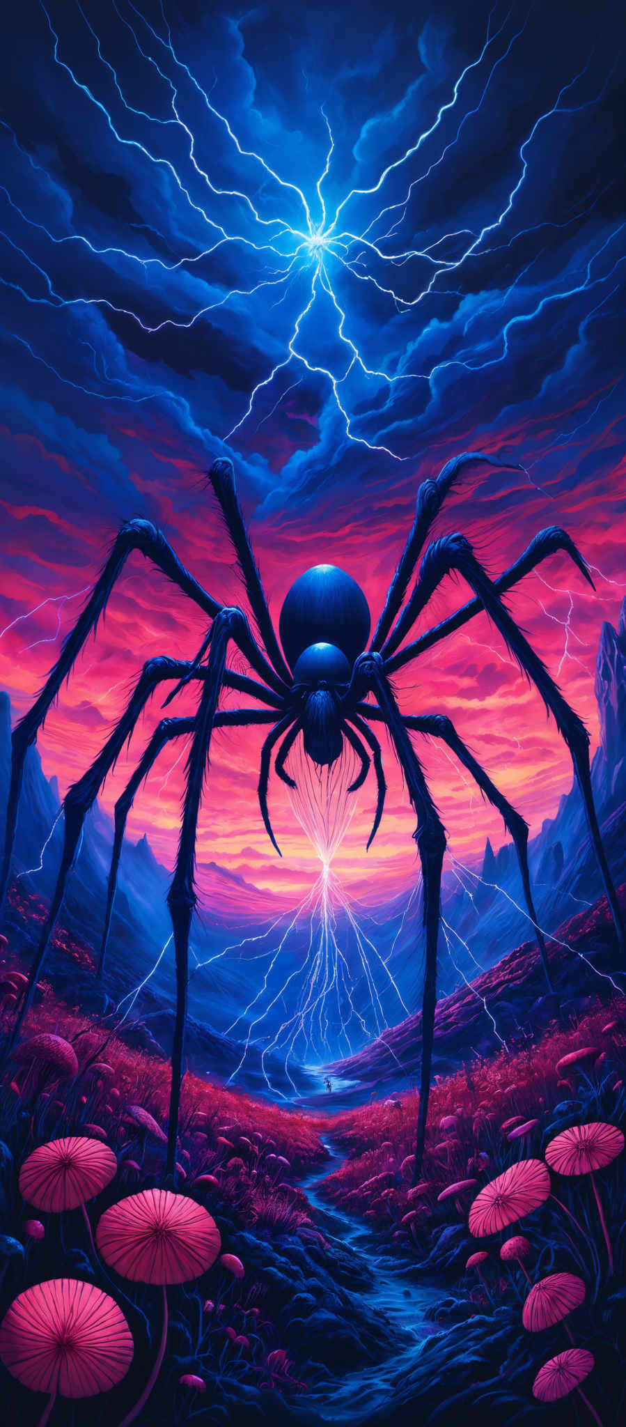 The image showcases a vibrant and surreal landscape. The sky is dominated by deep blue hues with streaks of bright white lightning. A massive spider, with elongated legs, stands prominently in the foreground, casting a shadow over the scene. The ground is covered with a variety of pinkish-red mushrooms, and there's a winding pathway leading to a distant horizon. The horizon is painted with shades of pinks, purples, and blues, suggesting either a sunrise or sunset.