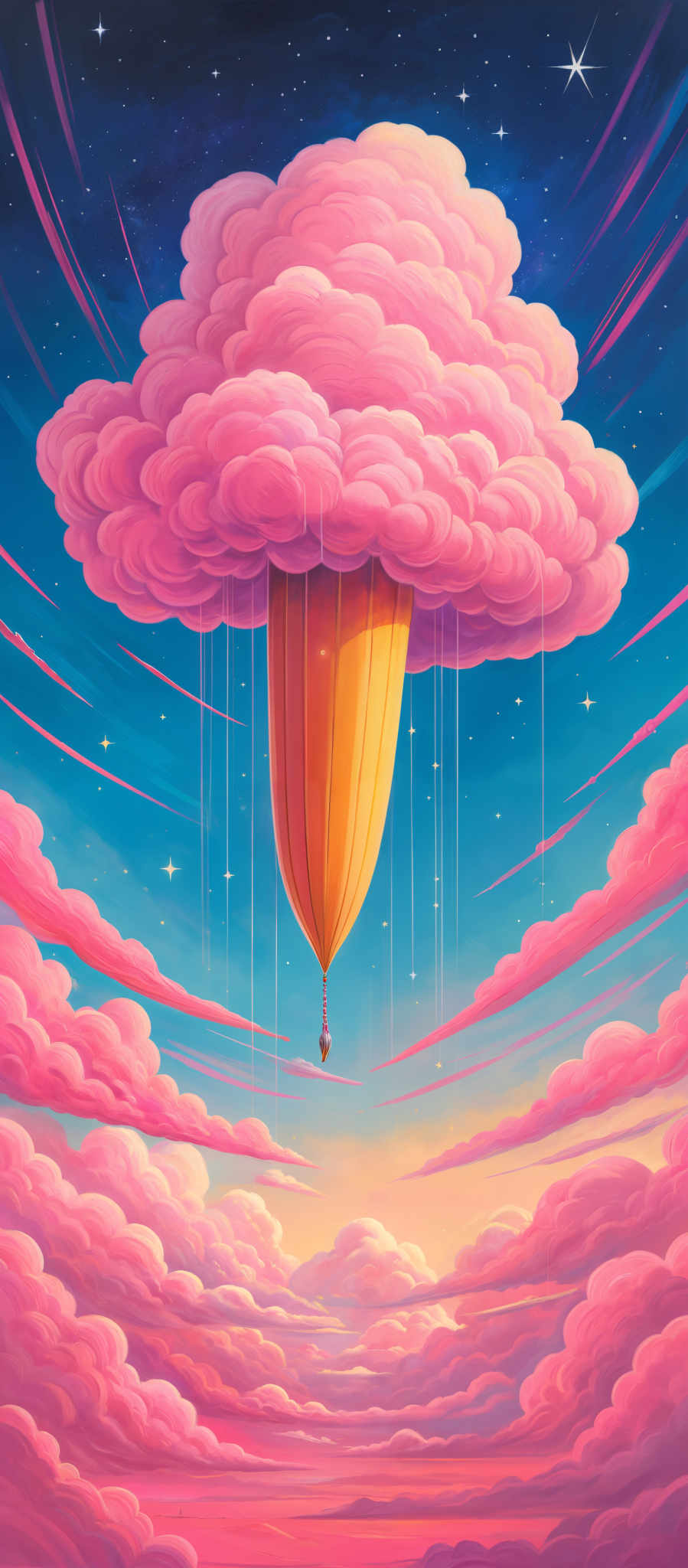 The image showcases a vibrant and dreamy scene. The dominant color is a shade of pink, especially in the clouds which are voluminous and fluffy. There's a large, pink cloud formation that looks like a cotton candy, from which a golden, elongated object, resembling a pillar or a slender tower, is descending. This golden structure is suspended by thin, white threads that seem to be dripping or falling from the cloud. The background is a deep blue, representing the night sky, dotted with stars. The horizon shows a gradient of colors, transitioning from pink to a soft orange, suggesting either a sunrise or sunset.