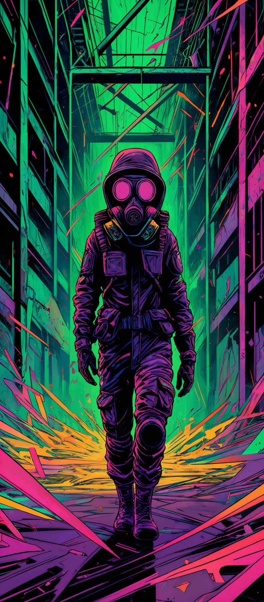 The image predominantly features vibrant neon colors such as pink, blue, and green. The central figure is a person wearing a gas mask and protective clothing, standing in a chaotic urban environment. The background showcases a cityscape with tall buildings, some of which appear damaged or abandoned. There are streaks of light and debris flying around, suggesting a sense of urgency or destruction. The overall atmosphere of the image is intense and dystopian.