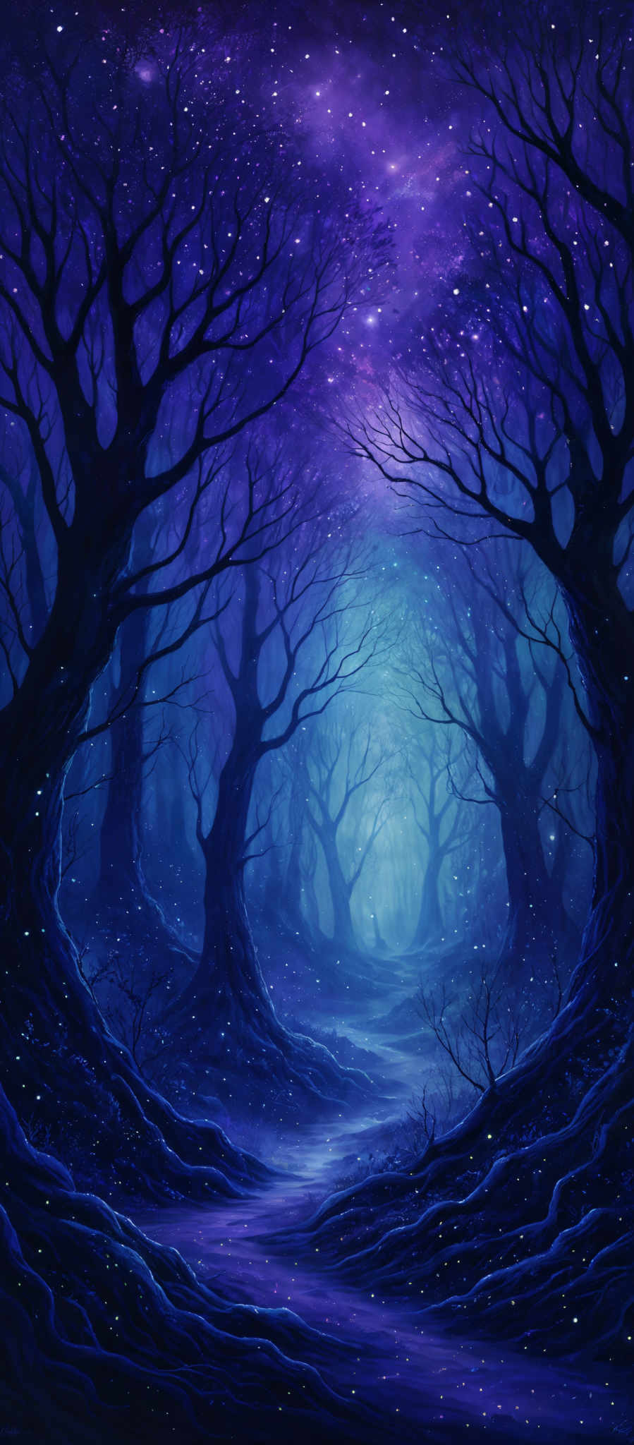 The image showcases a mystical forest with tall, twisted trees that have intricate and sprawling branches. The predominant colors are shades of blue and purple, creating a serene and ethereal atmosphere. The sky is filled with a myriad of stars, and there's a soft glow that seems to emanate from the center of the forest, casting a gentle light on the path below. The ground is covered with what appears to be a mixture of leaves, moss, and small luminescent objects, possibly representing fireflies or magical entities.