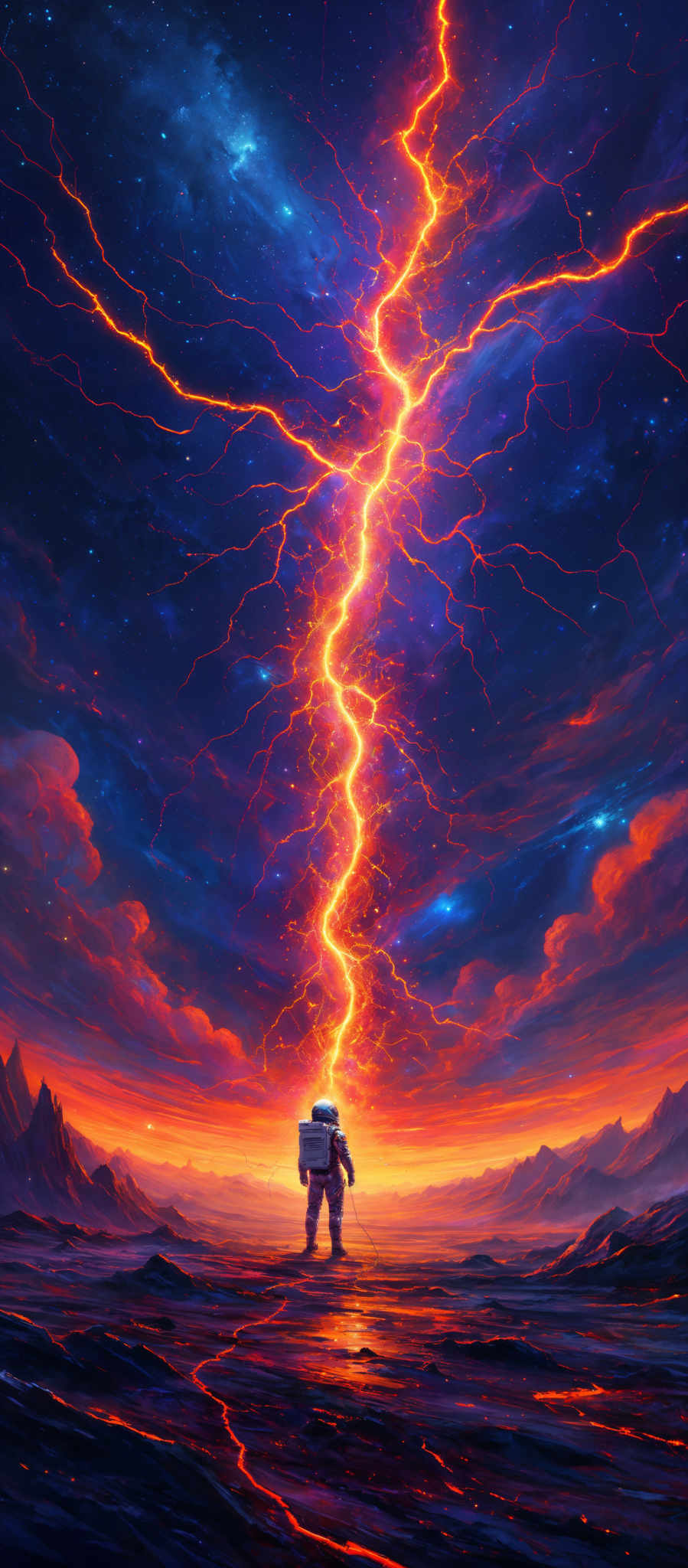 The image showcases a vibrant and dramatic scene. The sky is dominated by deep blues and purples, interspersed with bright orange and red hues, possibly representing a sunset or sunrise. A massive, electric-like lightning bolt, glowing in fiery orange and yellow, cuts vertically through the sky, creating a striking contrast with the cooler tones below. The landscape below appears to be a barren, rocky terrain with a reflective, possibly molten, surface. A lone figure, possibly an astronaut, stands in the foreground, looking up at the lightning, adding a sense of scale and wonder to the scene.