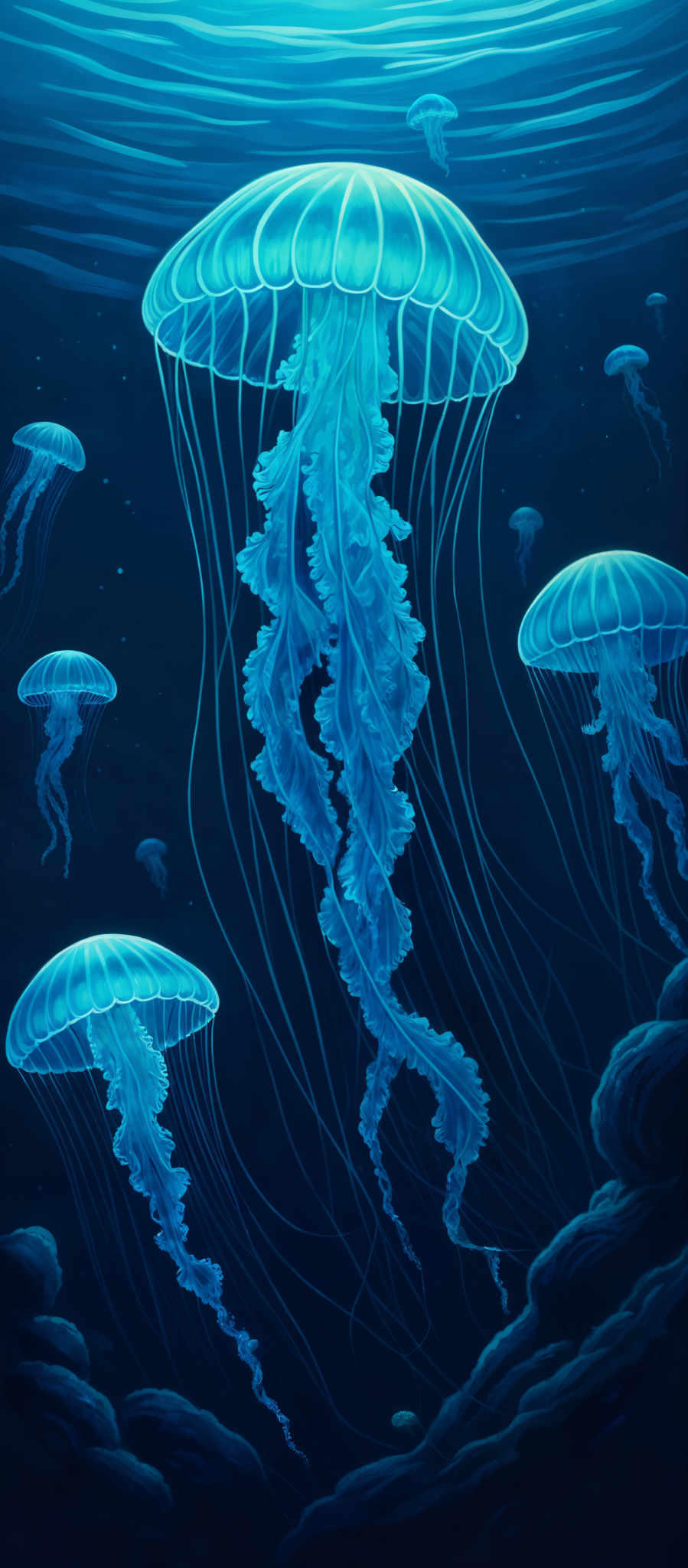 The image showcases a deep blue oceanic backdrop with multiple jellyfish floating. The jellyfis are translucent with a luminescent blue glow, and they have a bell-shaped top with long, delicate tentacles trailing below. The tentacles have a wavy, feathery appearance, and the jellyfi are swimming in different directions, creating a sense of movement and depth.