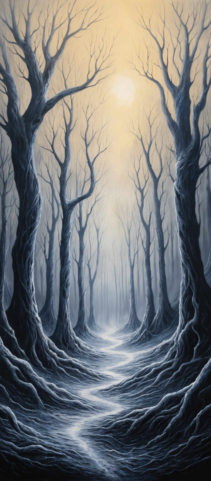 The image showcases a hauntingly beautiful forest scene. The dominant colors are shades of blue, gray, and a soft yellowish hue from the light filtering through the trees. The trees themselves are tall and have gnarled, twisted branches that stretch upwards, creating a canopy overhead. The ground is covered in a thick layer of snow or frost, reflecting the light from above. A winding path or stream runs through the center of the image, leading the viewer's eye deeper into the forest. The overall atmosphere is eerie and mystical, with the light providing a stark contrast to the dark, cold surroundings.