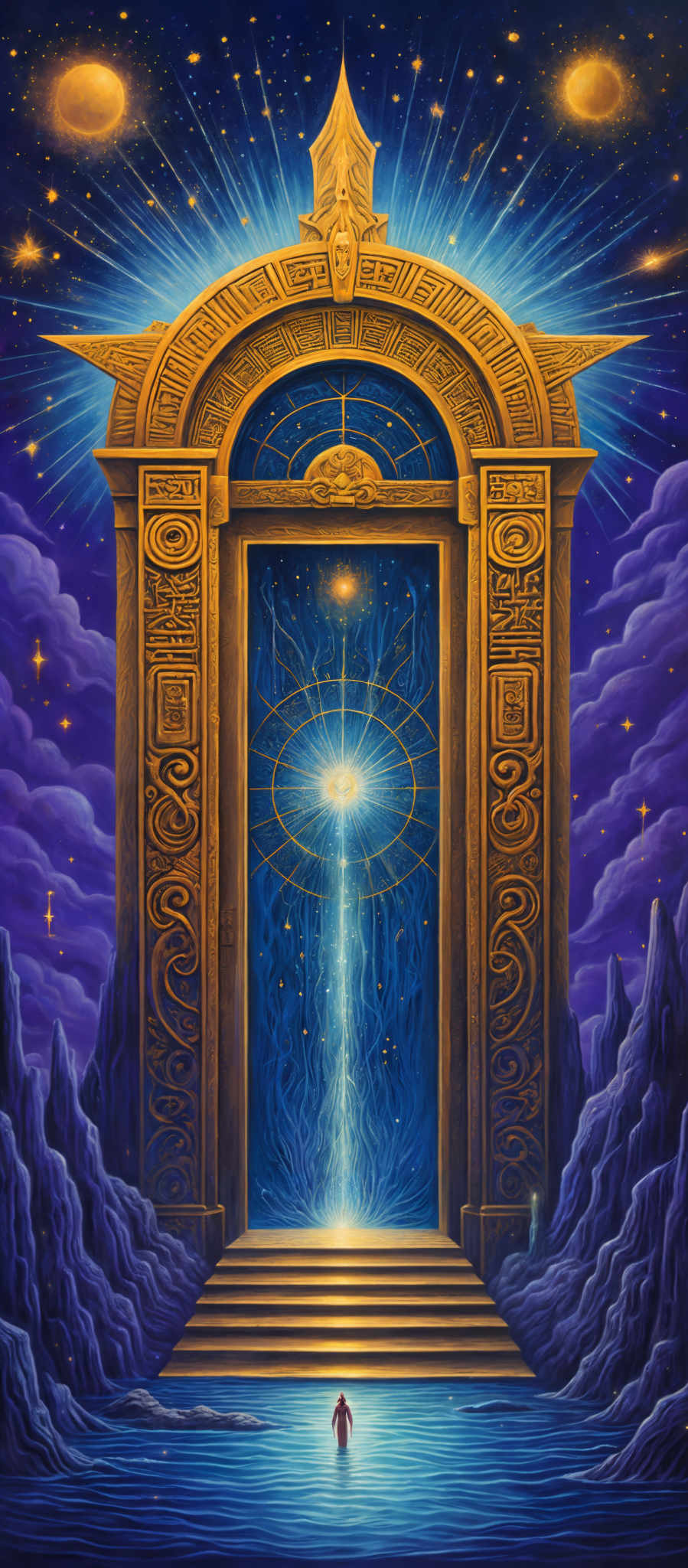 The image predominantly features a deep blue and purple hue, creating a night-time or cosmic atmosphere. The central element is a grand, ornate doorway with intricate carvings and symbols. Above the door, there's a radiant burst of light emanating from a star or celestial body. The door itself is adorned with various geometric patterns and symbols, and it seems to be a portal to another dimension or realm. On the ground, there are stairs leading up to the door. A lone figure stands at the bottom, seemingly in awe of the doorway. The surrounding landscape is characterized by jagged mountains and a serene body of water.