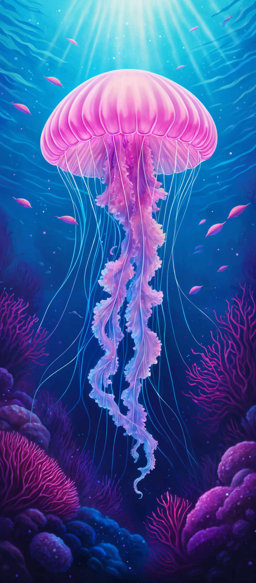 The image showcases a vibrant underwater scene. The dominant color is a deep blue, representing the vastness of the ocean. A large, translucent jellyfish with a pinkish hue floats gracefully in the center, its delicate tentacles trailing below. Surrounding the jelly fish are various marine life, including small fish and coral formations. The corals are in shades of purple and pink, and they appear to be growing on the ocean floor. The light from above filters through the water, creating a shimmering effect and illuminating the scene.