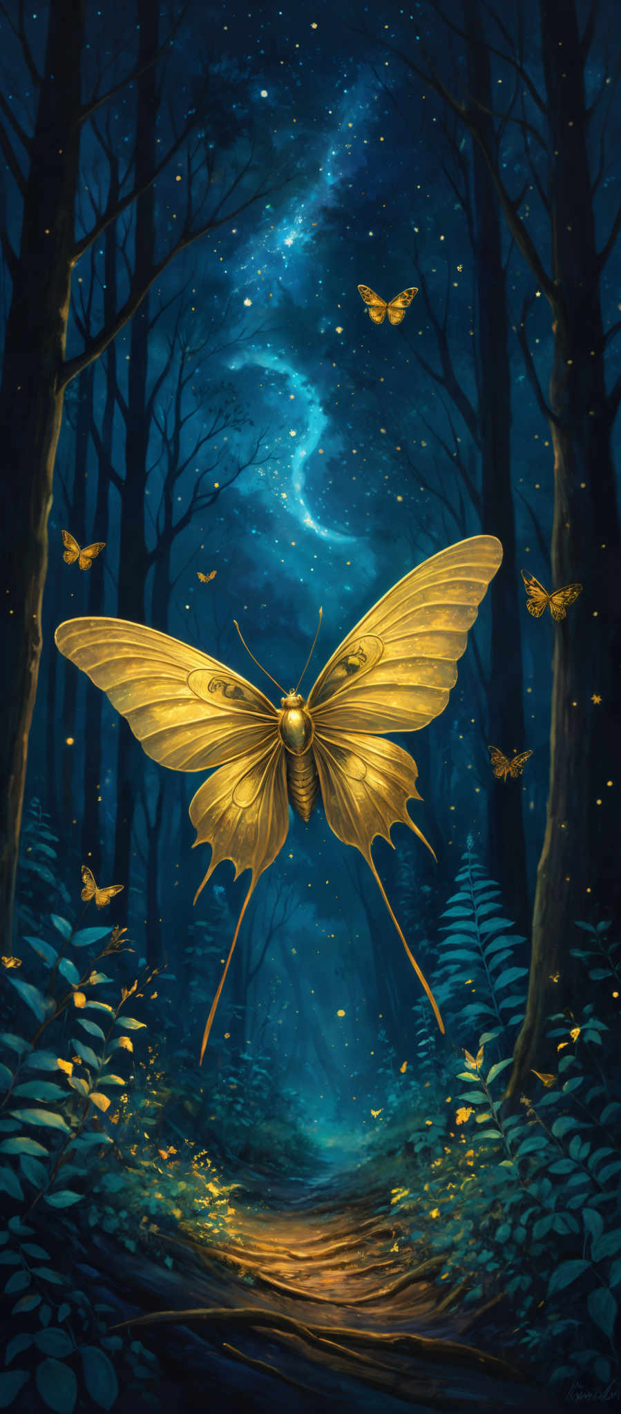 The image showcases a nighttime forest scene with tall, slender trees whose branches stretch upwards. The sky is filled with a vibrant blue hue, dotted with numerous stars and a faint glow of a galaxy or nebula. There are several golden butterflies, both in flight and resting on the ground. The ground is covered with lush green foliage, and there's a pathway that seems to lead deeper into the forest. The overall ambiance is mystical and serene, with a touch of magic.