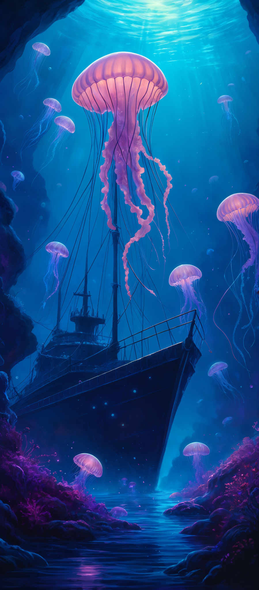 The image showcases a vibrant underwater scene. Dominating the scene are large, luminescent jellyfish with a translucent pinkish-orange hue, floating gracefully in the water. These jelly fish have long, delicate tentacles that flow downwards. The water is a deep blue, illuminated by rays of sunlight filtering from the surface. A large, old-fashioned ship is partially submerged in the foreground, with its masts reaching upwards. Surrounding the ship are rocky formations and coral reefs, which are adorned with various marine plants and small fish. The entire scene is bathed in a mystical glow, creating an otherworldly atmosphere.