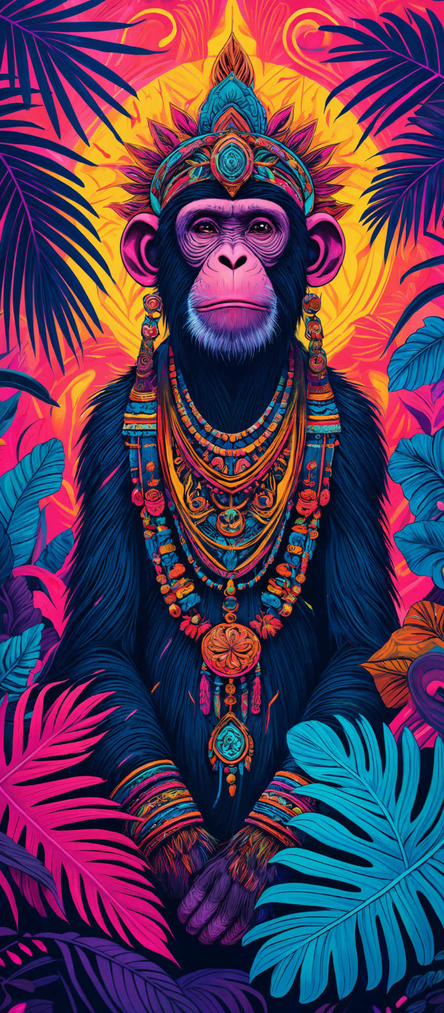 The image showcases a vibrant and colorful depiction of a chimpanzee adorned with intricate jewelry and a decorative headpiece. The chimp is surrounded by a backdrop of tropical foliage, predominantly featuring large, vividly colored palm leaves in shades of pink, blue, and purple. The sun, depicted in a radiant yellow hue, serves as a backlight, casting a warm glow over the entire scene. The intricate details on the chimp's attire, including beads, pendants, and ornate designs, are rendered in a plethora of colors, from reds and blues to greens and yellows. The overall ambiance of the image is both mystical and jungle-like, blending elements of nature with cultural and artistic