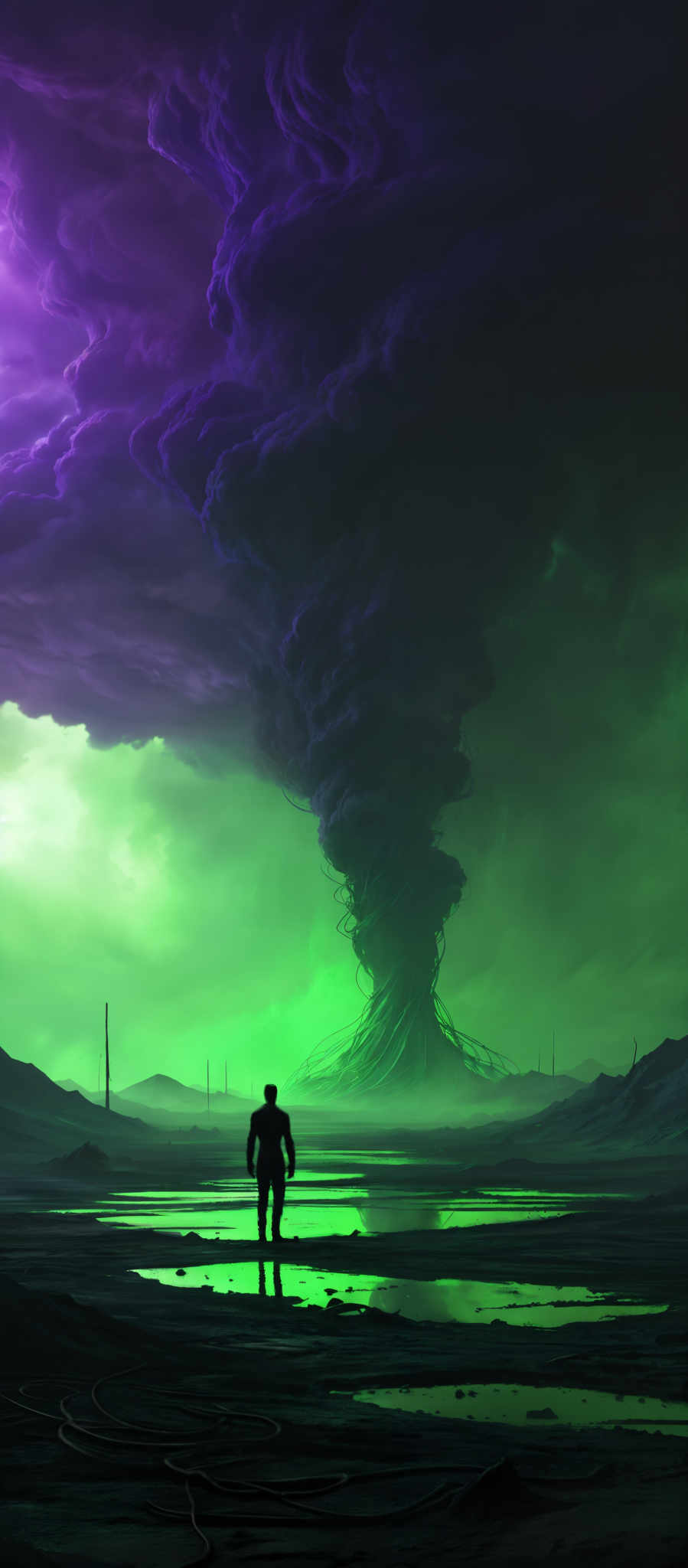 The image showcases a surreal landscape dominated by swirling purple and green clouds. At the center, there's a massive, dark, twisted formation that resembles a tornado or vortex. The ground is wet, reflecting the vibrant colors of the sky. In the foreground, there is a silhouette of a lone figure walking towards the formation. The overall mood of the image is mysterious and ominous.