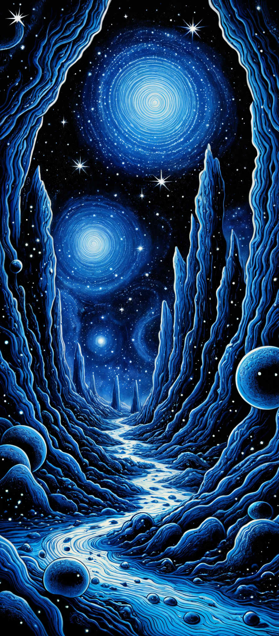 The image predominantly features shades of blue and black. The landscape is characterized by wavy, undulating rock formations that seem to be eroded over time, forming an archway that frames the cosmic scene above. The sky is filled with swirling galaxies, stars, and nebulae, creating a mesmerizing backdrop. The ground is strewn with various sized rocks and boulders, some of which are illuminated, suggesting a light source from above.