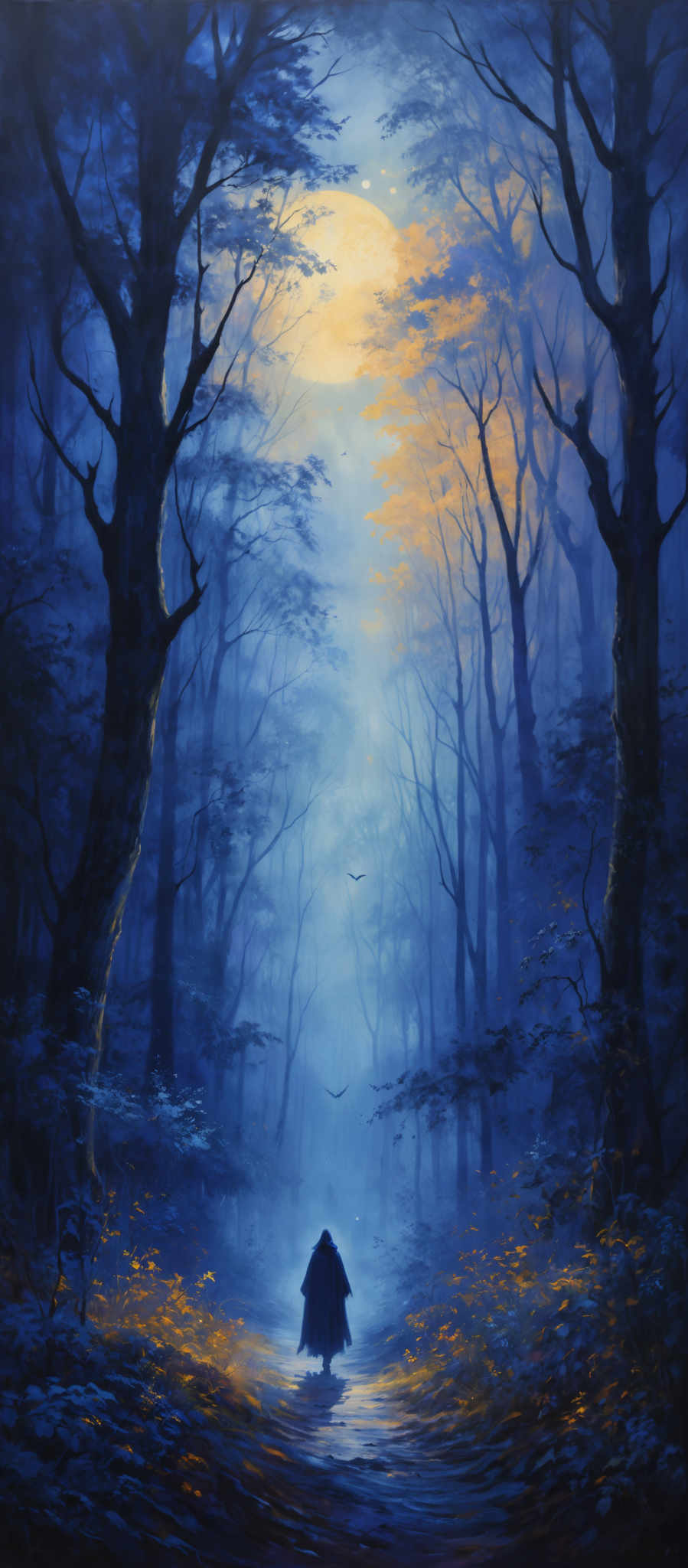 The image showcases a serene and mystical forest scene. Dominated by cool tones, the forest is bathed in a deep blue hue, with the moon casting a warm, golden glow. The trees, tall and slender, have intricate branches that stretch upwards, creating a canopy that filters the moonlight. The ground is covered with fallen leaves, and there are patches of golden foliage, possibly indicating a change in seasons. A solitary figure, draped in a cloak, stands in the center of the path, adding a sense of mystery and contemplation to the scene.