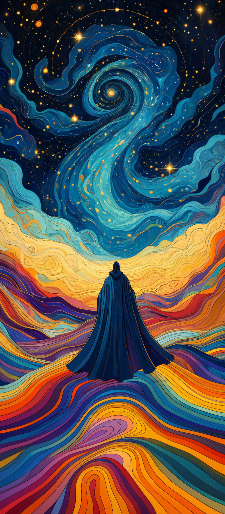 The image showcases a vibrant and colorful depiction of a night sky filled with swirling patterns of blue, teal, and gold. The swirls create a mesmerizing effect, reminiscent of a galaxy or a whirlpool. Below the sky, there's a landscape with undulating, multi-colored waves that transition from deep purples and blues to bright oranges and yellows. At the center of the image, there is a silhouette of a figure, possibly a person, draped in a dark cloak, standing with their back to the viewer. The figure seems to be gazing up at the mesmeric sky, adding a sense of contemplation and wonder to the scene.