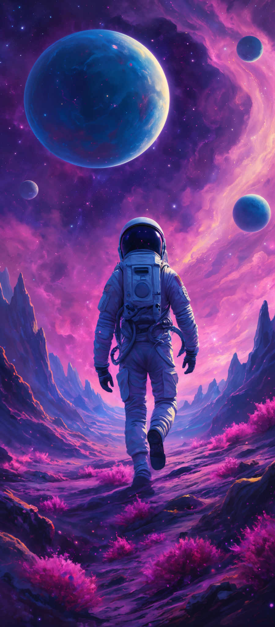 The image showcases a vibrant cosmic landscape with a dominant purple and pink hue. Dominating the sky are large celestial bodies, possibly planets, with varying shades of blue and purple. The ground is adorned with pinkish flora, possibly alien plants, and rugged terrains. In the foreground, an astronaut in a white spacesuit is seen walking, looking up at the celesties, giving a sense of exploration and wonder.