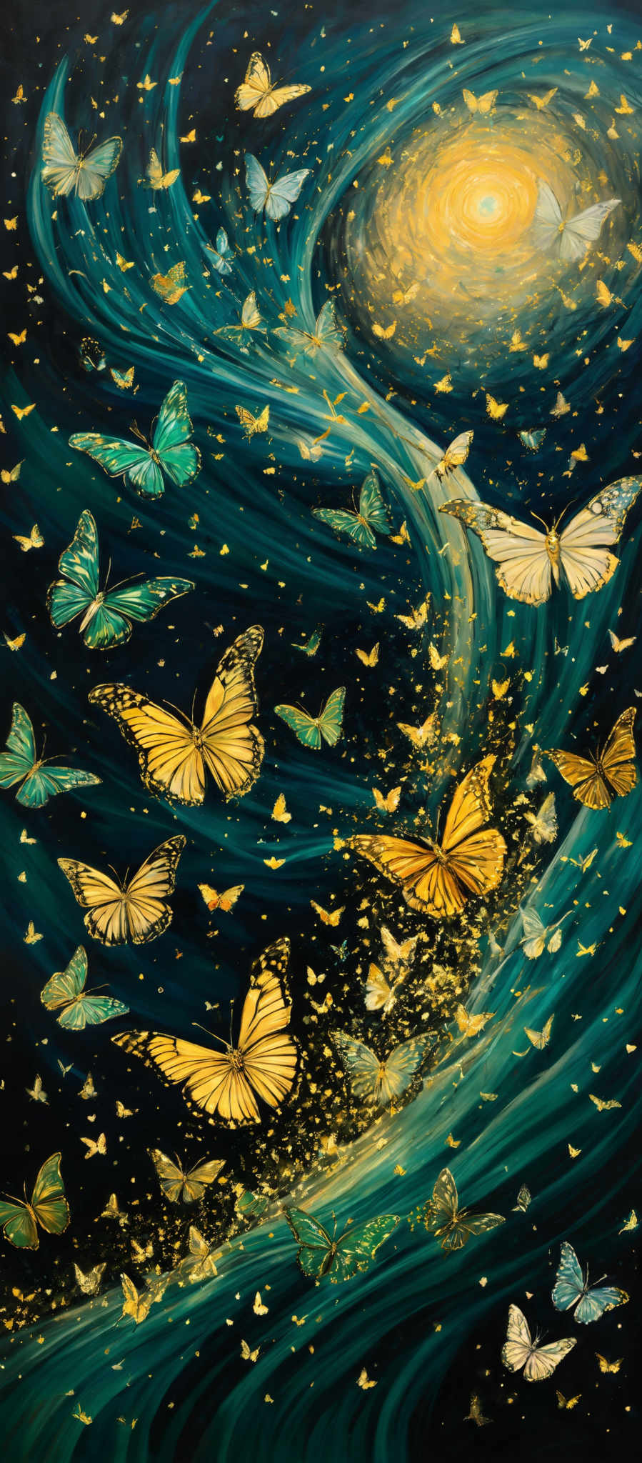 The image showcases a vibrant and mesmerizing depiction of butterflies. The predominant colors are deep blues, golds, and whites. The butterfly shapes vary, with some having intricate patterns on their wings, while others are simple and elegant. The background is dominated by swirling blue patterns, possibly representing water or the night sky, with a radiant yellow and gold circle, possibly symbolizing the moon or a source of light. The overall ambiance of the image is magical and dreamy.