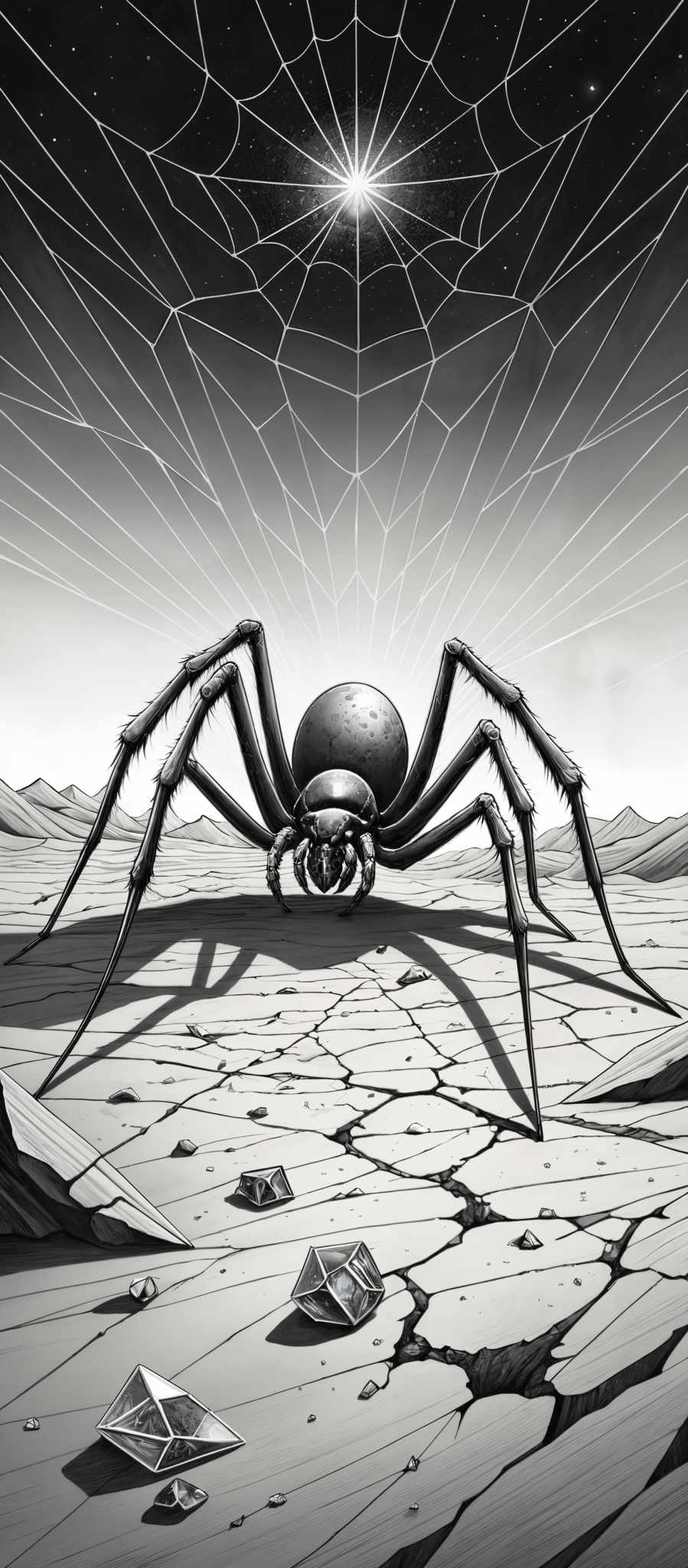 The image is predominantly in shades of gray, giving it a monochromatic appearance. The primary shape is a large spider positioned in the center, with long legs spread out. The spider's body appears to be spherical, and its legs are elongated and thin. Behind the spider, there's a vast expanse of a barren landscape with cracked ground, and scattered geometric shapes, possibly crystals or shards, are scattered around. Above the spiders, there are intricate web patterns radiating outwards from a central point, with a bright light source emanating from the center.