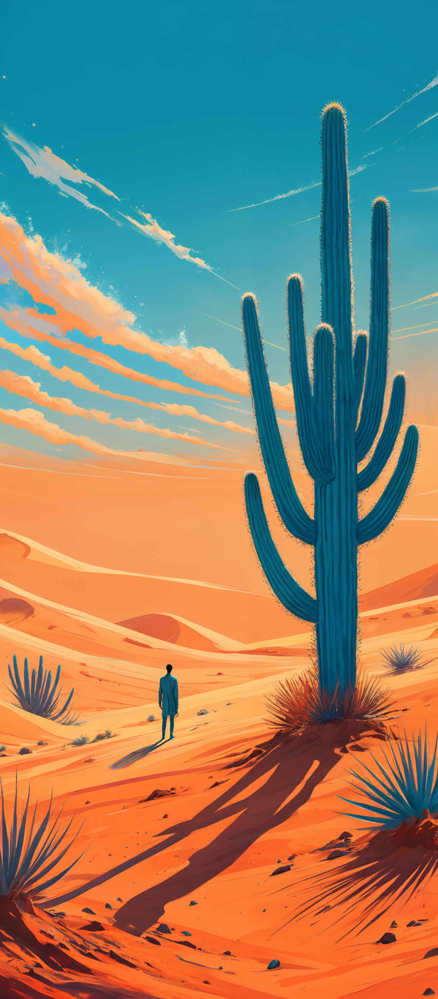 The image showcases a vast desert landscape with vibrant colors. The dominant colors are shades of orange and blue. The sky is painted with hues of blue and orange, with streaks of white clouds. The ground is a rich shade of orange, representing sand dunes. Prominent in the image is a large, blue cactus with multiple arms. There's also a lone figure, possibly a person, standing in the distance, casting a long shadow on the sand. The figure appears to be wearing a suit, suggesting a contrast between the harsh desert environment and the attire of the individual.