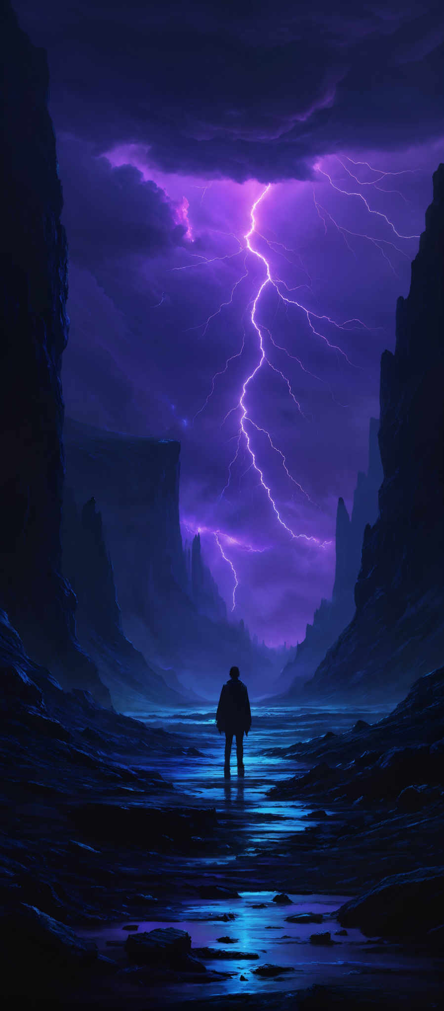 The image predominantly features shades of purple and blue, creating a moody and atmospheric ambiance. The sky is filled with dark clouds, from which a vibrant purple lightning bolt strikes down. The landscape consists of rugged cliffs and rocky terrain, with a reflective body of water at the bottom. A solitary figure stands in the distance, silhouetted against the backdrop, adding a sense of scale and solitude to the scene.