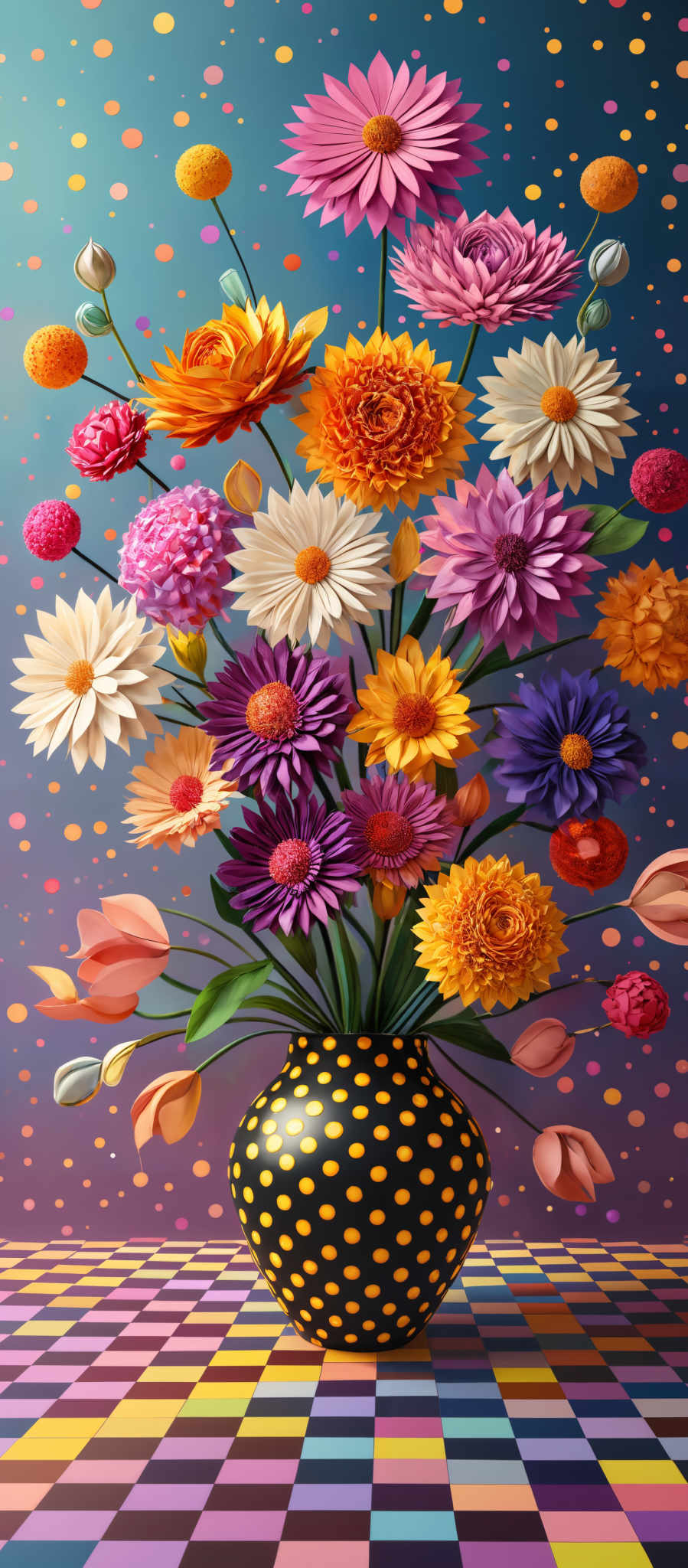 The image showcases a vibrant bouquet of flowers arranged in a vase. The flowers come in a variety of colors including pink, orange, white, purple, and yellow. The vase itself is black with yellow polka dots. The background is a gradient of blue, transitioning from a deeper shade at the top to a lighter one at the bottom. There are also numerous small yellow circles scattered throughout the background, giving it a festive or celebratory feel. The floor has a checkered pattern with alternating colors of blue and yellow, creating a contrast with the vase and flowers.