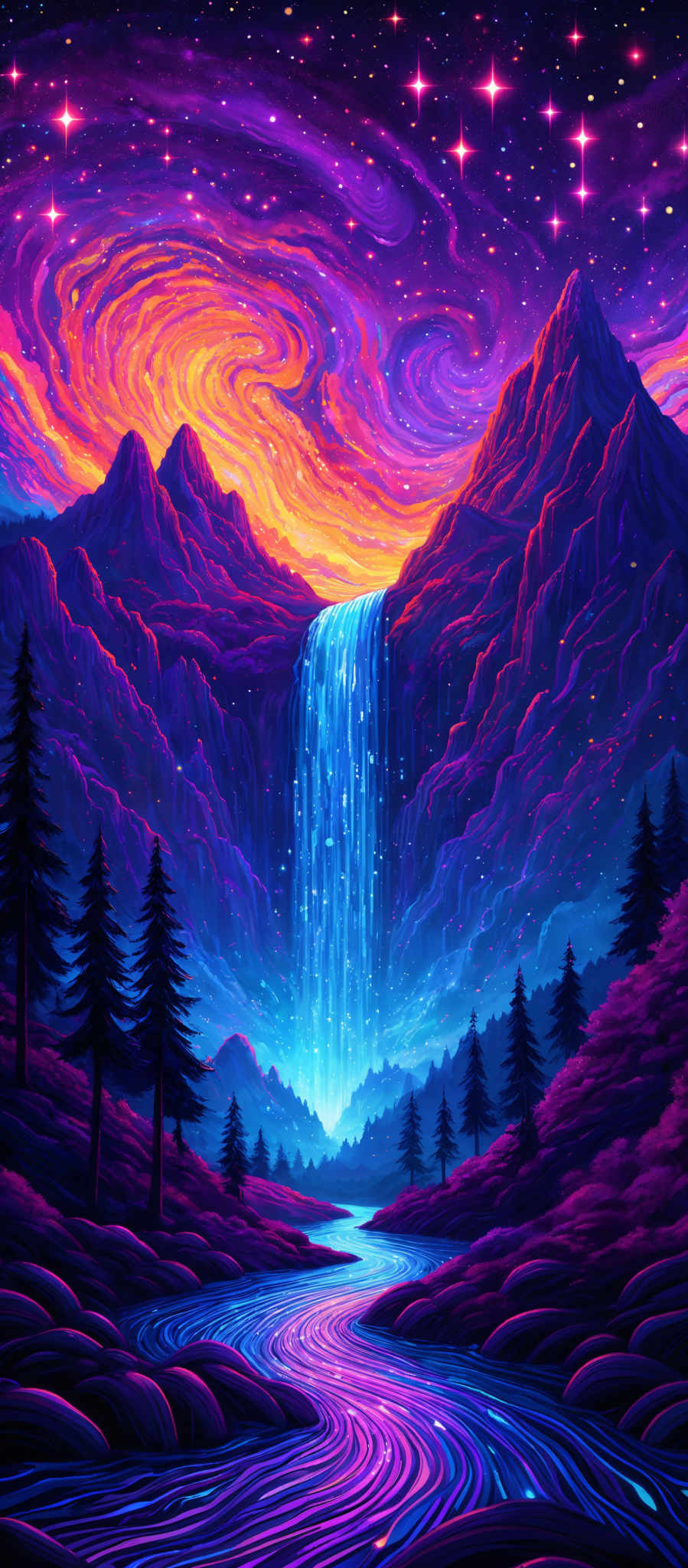 The image showcases a vibrant and mesmerizing landscape. The sky is painted in hues of purple, pink, and orange, with swirling patterns reminiscent of a galaxy or nebula. Bright stars dot the sky, adding to the celestial feel. Below, there are towering mountains with jagged peaks. A cascading waterfall flows from one of the mountains, creating a shimmering blue pathway that leads the viewer's eye through the scene. The foreground is adorned with dense pine trees, and the entire landscape is illuminated with a soft, ethereal glow, giving it a dreamlike quality.