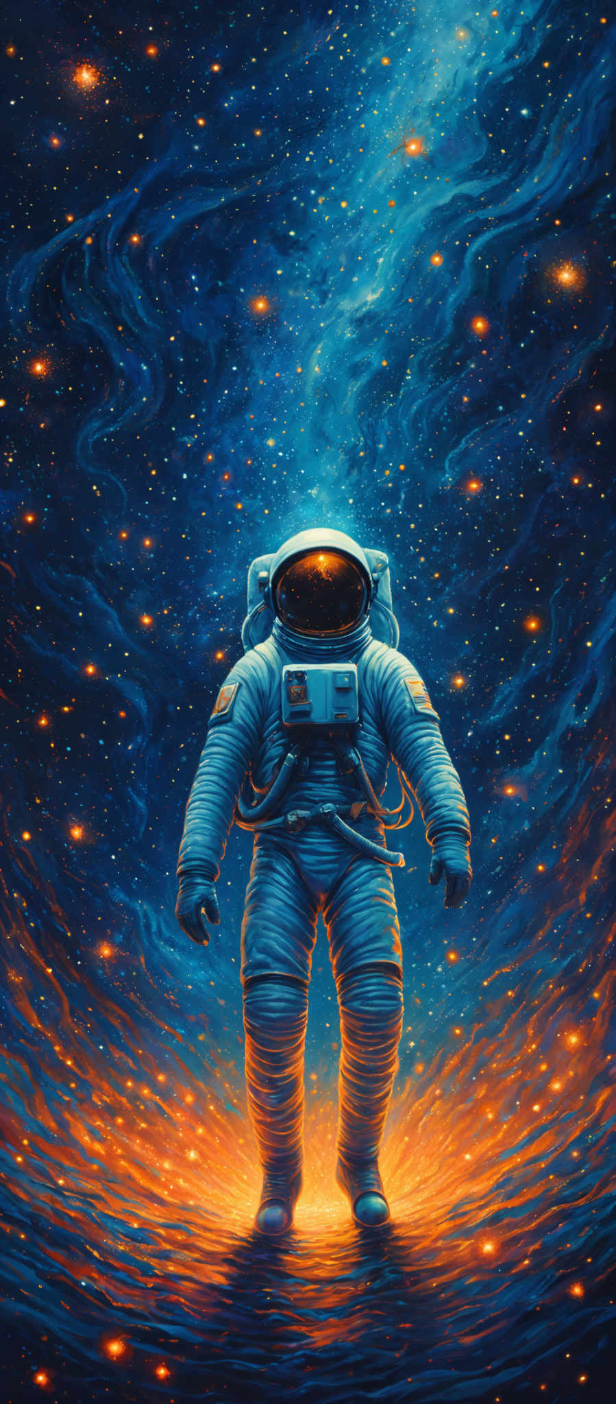 The image showcases a vibrant cosmic scene with swirling galaxies and stars. Dominating the center is an astronaut in a spacesuit, standing amidst a radiant, fiery aura that seems to emanate from the ground. The astronaut's visor reflects a deep blue hue, contrasting with the fiery orange and red tones surrounding him. The swirled patterns in the background suggest a dynamic and turbulent space environment, with the bright stars adding a sense of wonder and vastness to the scene.