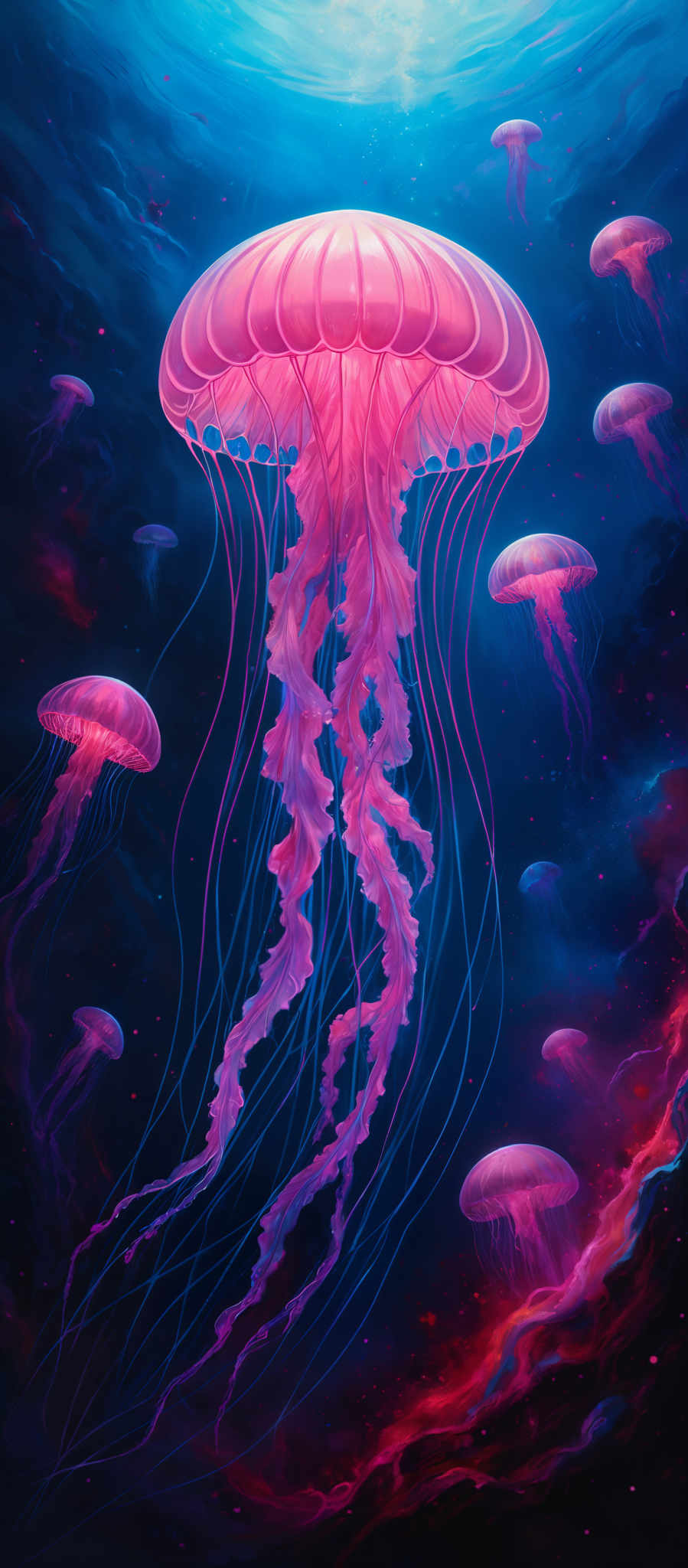 The image showcases a vibrant and mesmerizing underwater scene dominated by luminescent jellyfish. The jellyfis are primarily in shades of pink and purple, with intricate patterns and tentacles that flow gracefully. The background is a deep blue, transitioning to a rich, fiery red near the bottom, suggesting an oceanic depth or perhaps a cosmic representation. The light source seems to emanate from above, casting a glow on the jellyfi and creating a surreal atmosphere.