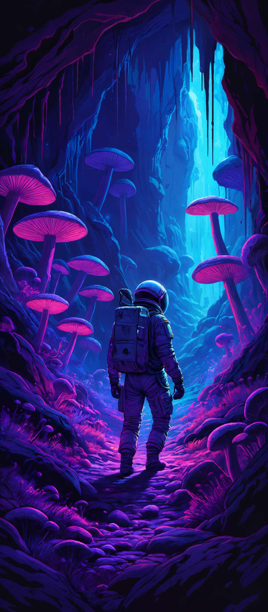 The image predominantly features a vibrant mix of purples, blues, and pinks. The scene is set in a cavernous environment with large, oversized mushrooms that have a pinkish hue. The ground is covered in a thick layer of what appears to be a luminescent, pink substance. A lone astronaut, equipped with a backpack and a helmet, stands in the foreground, gazing at the surreal landscape. The cave's walls are rugged and have a deep blue hue, with stalactites hanging down from the ceiling. The overall atmosphere of the image is mysterious and otherworldly.