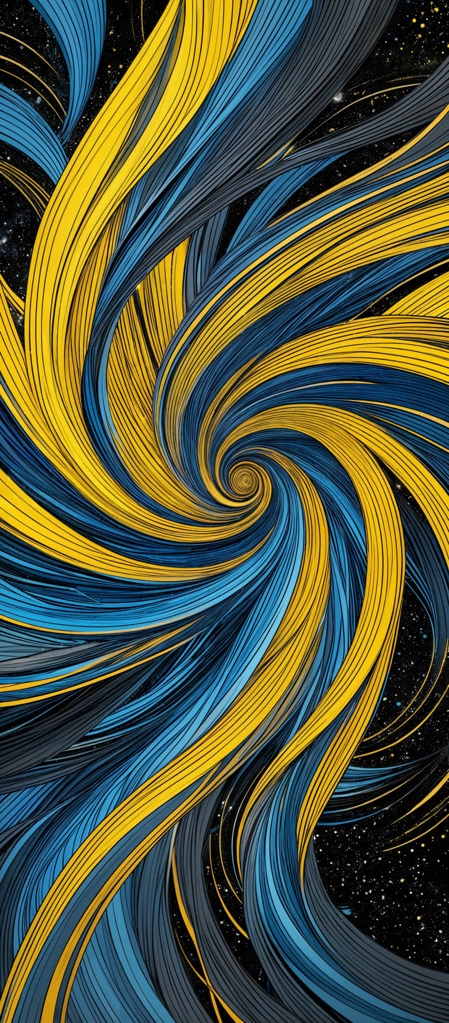 The image showcases a vibrant and dynamic swirl of colors. The dominant colors are shades of blue, yellow, and black. The swirls are wavy and spiral, resembling the flow of water or the movement of celestial bodies. The black background is speckled with white dots, giving the impression of a starry night sky. The intertwining of the blue and yellow swirls creates a mesmerizing contrast, with the blue representing coolness and the yellow representing warmth.