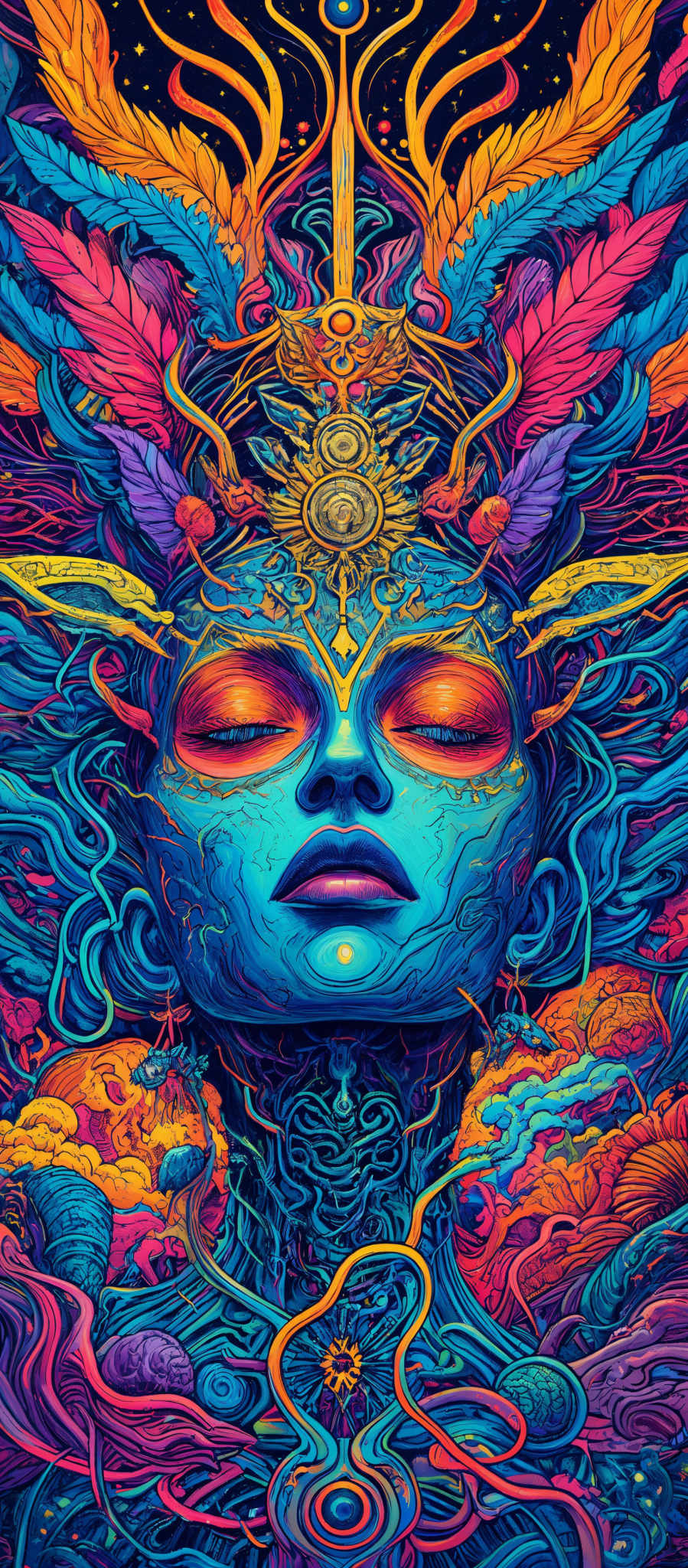 The image is a vibrant and intricate piece of artwork. It prominently features a face with closed eyes, surrounded by a plethora of colors. The face is adorned with ornate patterns, including a crown-like structure with feathers and a central eye. The background is filled with swirling patterns, vivid colors, and abstract designs, giving the impression of a dreamlike or otherworldly realm. The overall theme seems to be one of mysticism, spirituality, and perhaps a connection to nature.