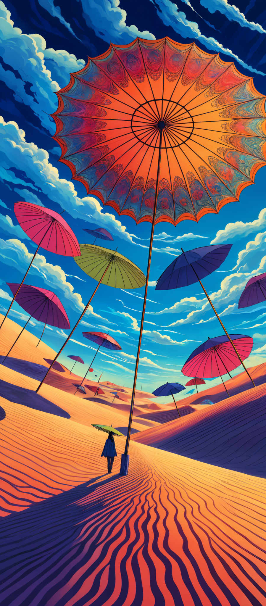 The image showcases a vibrant and surreal landscape. The sky is painted in shades of blue with fluffy white clouds. Dominating the scene are large, ornate umbrellas in various colors like orange, pink, green, and purple. These umbrella-like structures float in the sky, casting shadows on the ground below. The ground itself is a sandy desert with wavy patterns, possibly indicating wind direction. A solitary figure with an umbrela stands in the foreground, casting a long shadow on the sand.