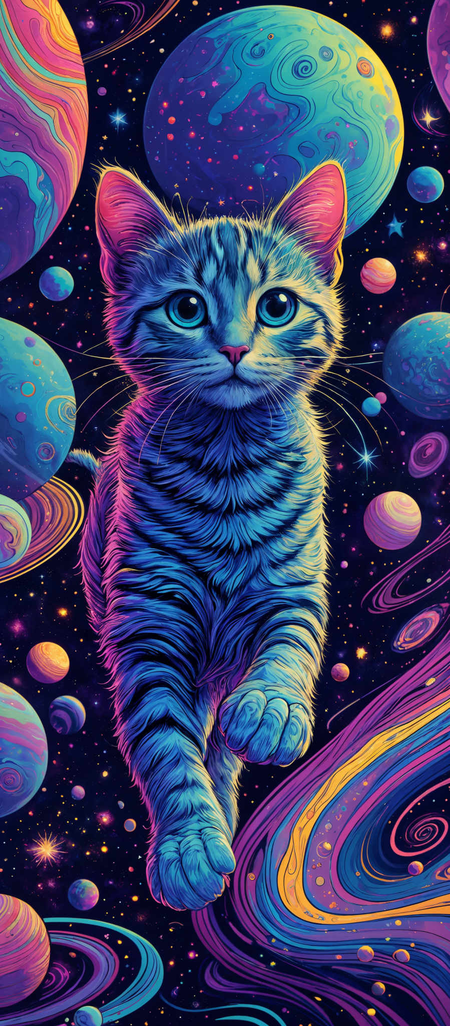 The image showcases a vibrant and colorful cosmic setting with a central cat. The cat is depicted in shades of blue and has striking blue eyes. It appears to be floating amidst a myriad of swirling planets, stars, and cosmic patterns. The planets vary in size and color, with hues of blue, purple, and pink. The background is filled with a deep space backdrop, dotted with stars and swirled patterns that give a sense of movement and depth.