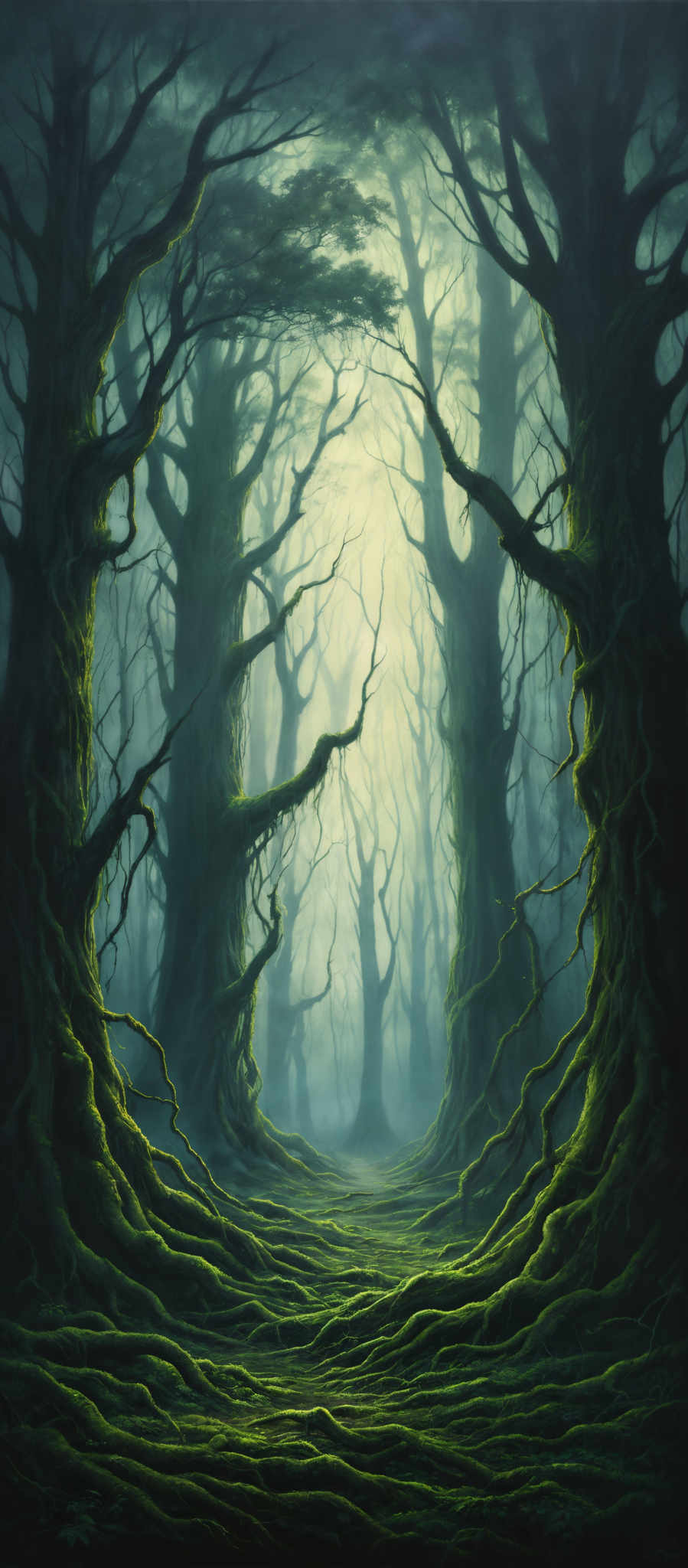 The image showcases a dense, mystical forest with towering, twisted trees. The trees have gnarled and twisted branches, and their roots sprawl across the ground, creating a labyrinth-like pattern. The forest floor is covered in moss and small plants, giving it a damp appearance. The color palette is dominated by shades of green, with hints of blue and gray, creating an eerie and enchanting atmosphere. The light filtering through the trees creates a soft glow, illuminating the path and adding depth to the scene.