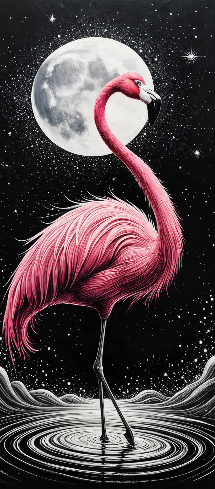 The image showcases a vibrant pink flamingo standing in water. The flamingos feathers are intricately detailed, displaying a gradient of pink hues. Behind the flamingosa is a large, detailed moon set against a starry black background. The moon appears to be partially eclipsed by the flame of the flameno, creating a captivating visual effect. The water below reflects the flamboyance of the bird and the luminescence of the moon, with concentric ripples emanating from the flames.