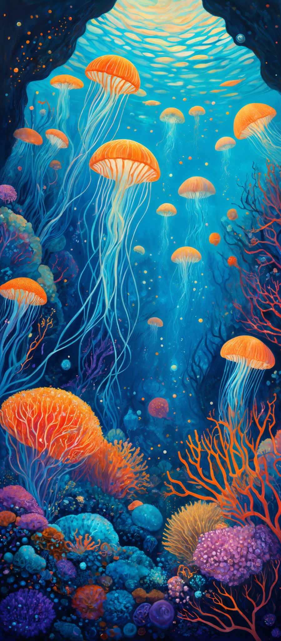 The image showcases a vibrant underwater scene. The dominant colors are shades of blue, orange, and purple. The jellyfish, which are the main subjects, have a translucent, elongated body with a vivid orange hue. They float gracefully in the water, surrounded by smaller marine creatures and coral formations. The corals come in various shapes and colors, including purple, orange-red, and green. The background depicts the depth of the ocean with ripples on the water's surface, and there are tiny light particles scattered throughout, giving the impression of sunlight filtering through the water.