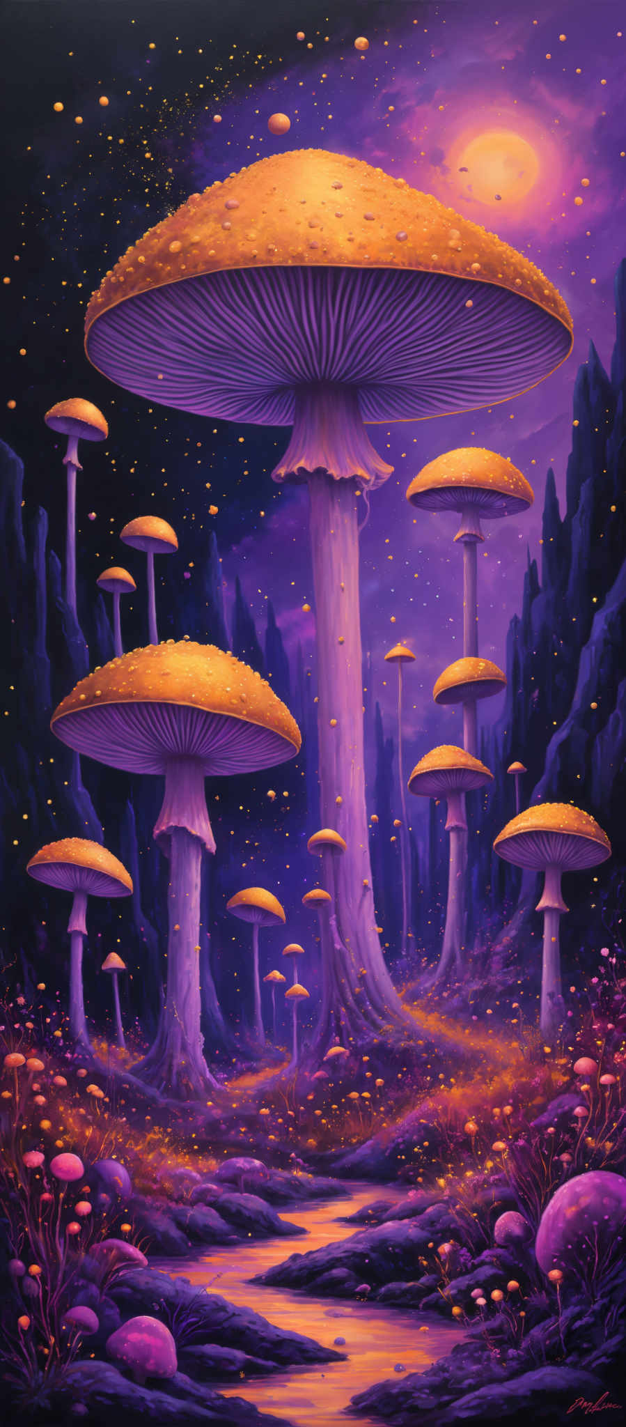 The image showcases a vibrant and surreal landscape dominated by large, oval-shaped mushrooms. These mushroom caps are a radiant shade of orange with dewdrops on them, and the stems are slender and purple. The background is a deep purple hue, with a hint of a moon or sun emitting a soft glow. The ground is covered in a mix of pink and purplish flowers, and there are dark rock formations on the sides. The entire scene is illuminated by a myriad of small, glowing orbs that float in the air, adding to the magical ambiance.