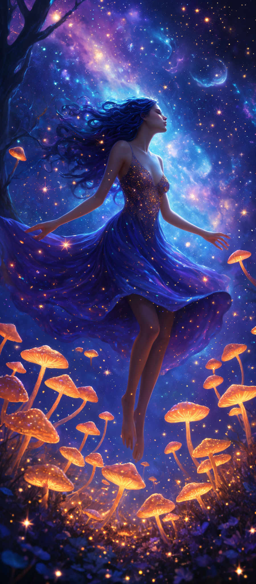 The image showcases a woman with flowing blue hair, dressed in a shimmering blue gown, floating amidst a cosmic backdrop. The backdrop is a vivid blend of deep blues, purples, and hints of pink, representing a starry night sky. There are luminescent orange mushrooms with glowing caps scattered around her. The woman's gown is adorned with sparkling details, and her hair flows freely, merging with the cosmic elements.