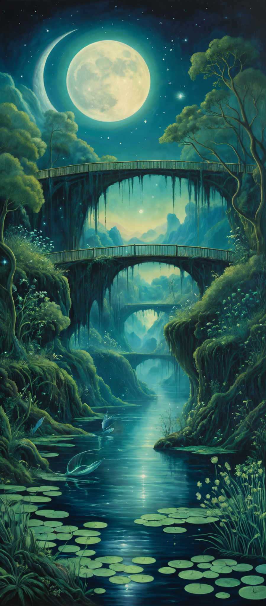 The image showcases a serene nighttime landscape. Dominated by cool tones, the scene features a large, luminous moon in the sky, casting a soft glow over the scene below. A crescent moon is also visible to the left. The landscape is adorned with lush greenery, including trees, bushes, and moss-covered rocks. A series of bridges, with intricate designs, span across a calm river filled with water lilies. The water reflects the moonlight, creating a shimmering effect. The overall ambiance is mystical and tranquil.