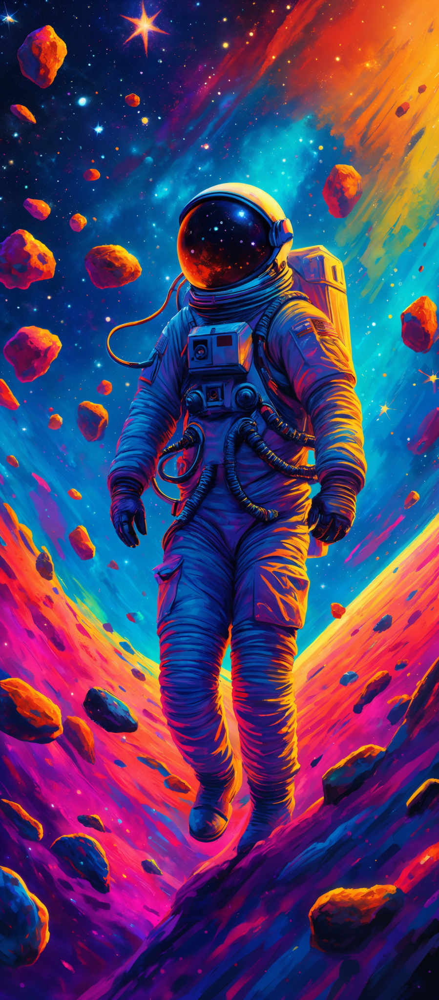 The image showcases a vibrant and colorful cosmic scene. Dominating the foreground is an astronaut in a spacesuit, floating amidst a field of floating rocks or asteroids. The astronaut's suit is detailed with various equipment and hoses. The background is a breathtaking display of nebulous clouds in hues of blue, purple, and orange, interspersed with bright stars. The overall ambiance is one of wonder and exploration, capturing the vastness and beauty of outer space.