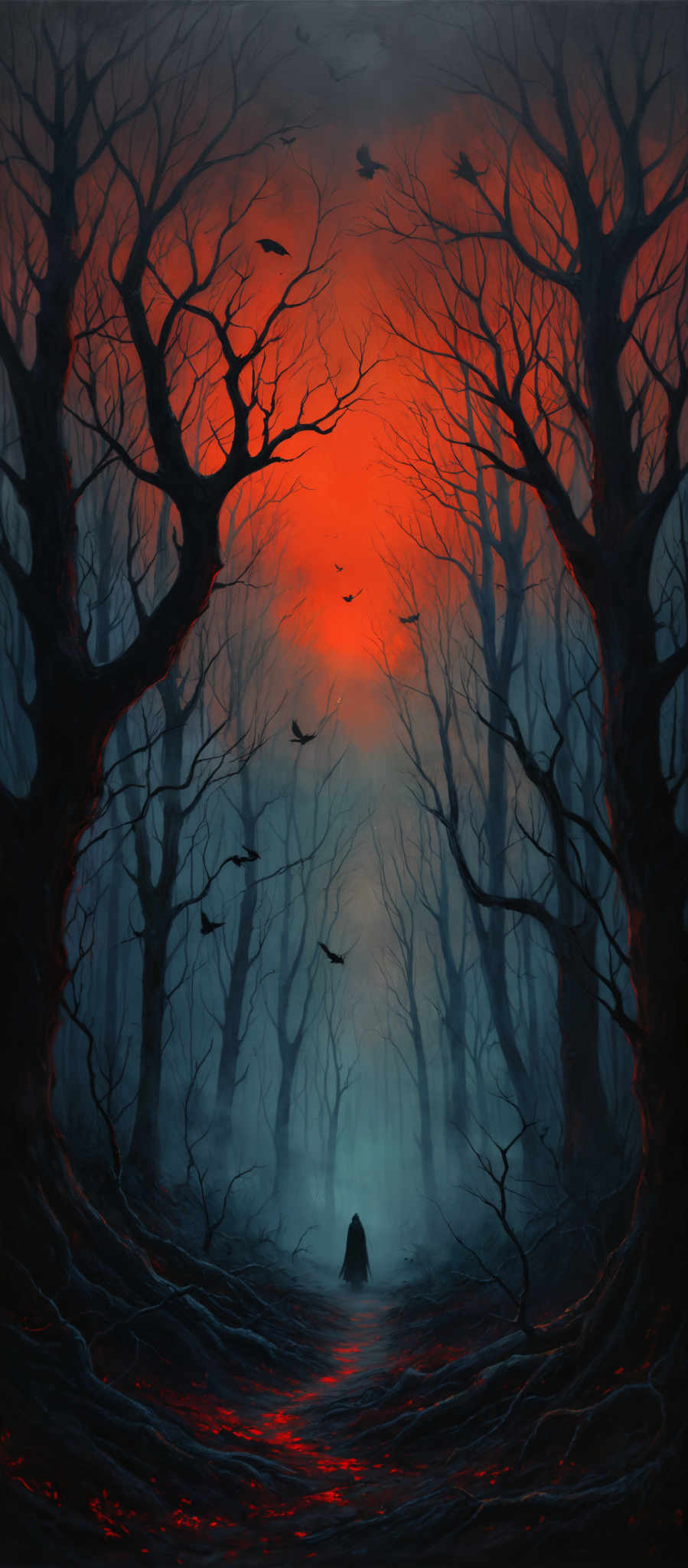 The image showcases a dark and eerie forest scene. The dominant colors are shades of red, blue, and gray. The trees have gnarled and twisted branches, creating a canopy overhead. The ground is covered with fallen leaves, and there's a misty ambiance. Birds can be seen flying in the sky, and a lone figure is seen walking on a pathway in the center of the image, adding a sense of mystery and solitude.