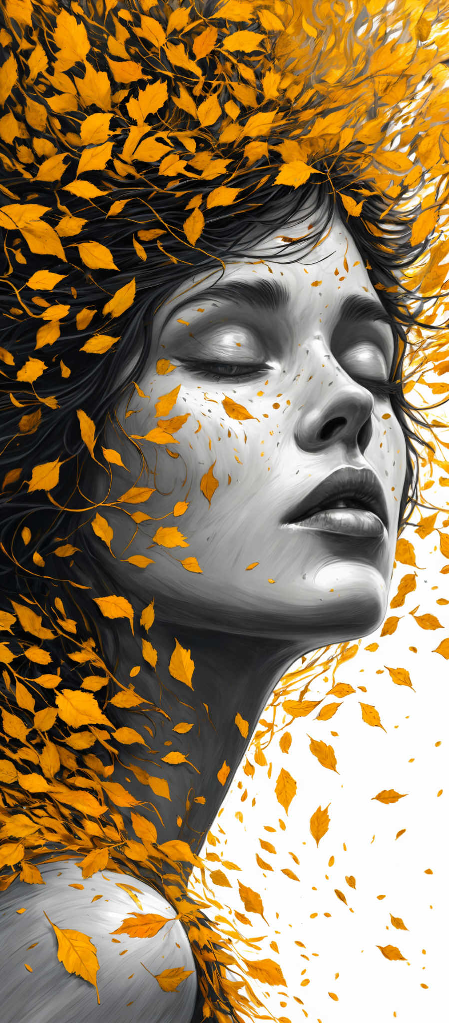 The image showcases a monochromatic portrait of a woman's face, predominantly in shades of gray. Her eyes are closed, and her lips are slightly parted. The most striking feature is the cascade of vibrant orange leaves that seem to be intertwined with her hair and flowing around her face. The leaves are intricately detailed, with some appearing as individual petals while others are more abstract, forming a swirling pattern around her.