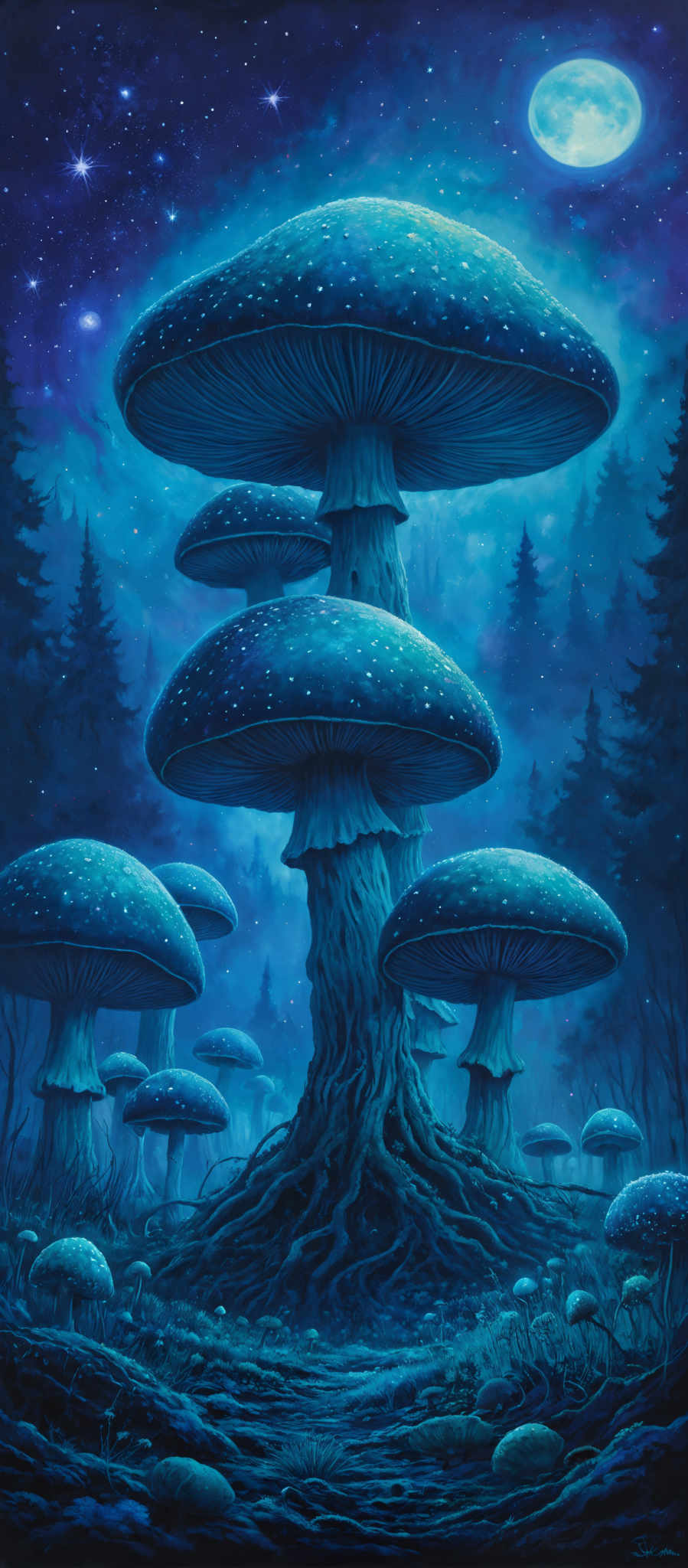 The image showcases a surreal nighttime landscape dominated by gigantic mushrooms. These mushroom caps are dotted with small, luminescent spots, giving them a starry appearance. The mushrooms are tall and have thick stems that seem to be intertwined. The background is a deep blue, representing the night sky, and is sprinkled with stars and a bright moon. There are silhouettes of pine trees in the distance, adding to the mystical ambiance. The ground is covered with smaller mushroms and some foliage, and there's a sense of depth as the mushrows recede into the distance.