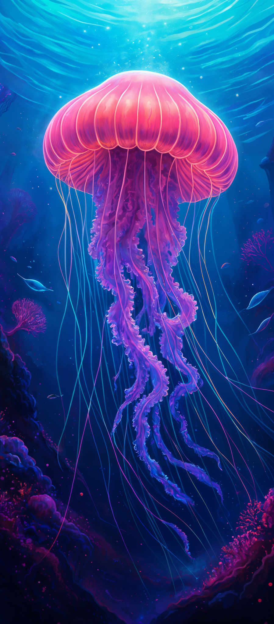 The image showcases a vibrant underwater scene. The dominant color is a deep blue, representing the vastness of the ocean. A large, luminescent jellyfish with a translucent, pinkish-orange hue floats gracefully in the center. Its tentacles are long and delicate, trailing behind in the water. The ocean floor is adorned with various marine plants and corals, exhibiting hues of purple, pine green, and deep red. The water above the jelly fish is illuminated with a soft glow, creating a contrast with the darker depths below.